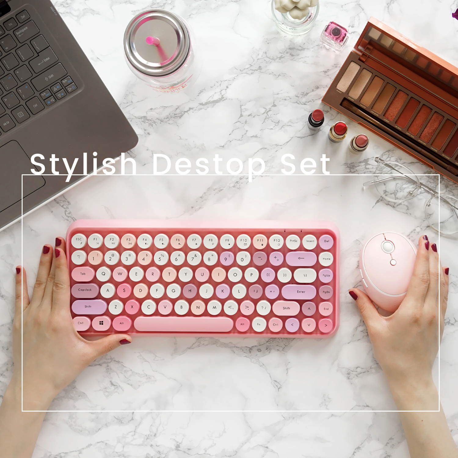 Perixx PERIDUO-713 Wireless Mini Keyboard and Mouse Combo, Retro Round Key Caps, Pink, 12 shortcut hotkey, Mini Optical Mouse, VINTAGE TYPEWRITER STYLE