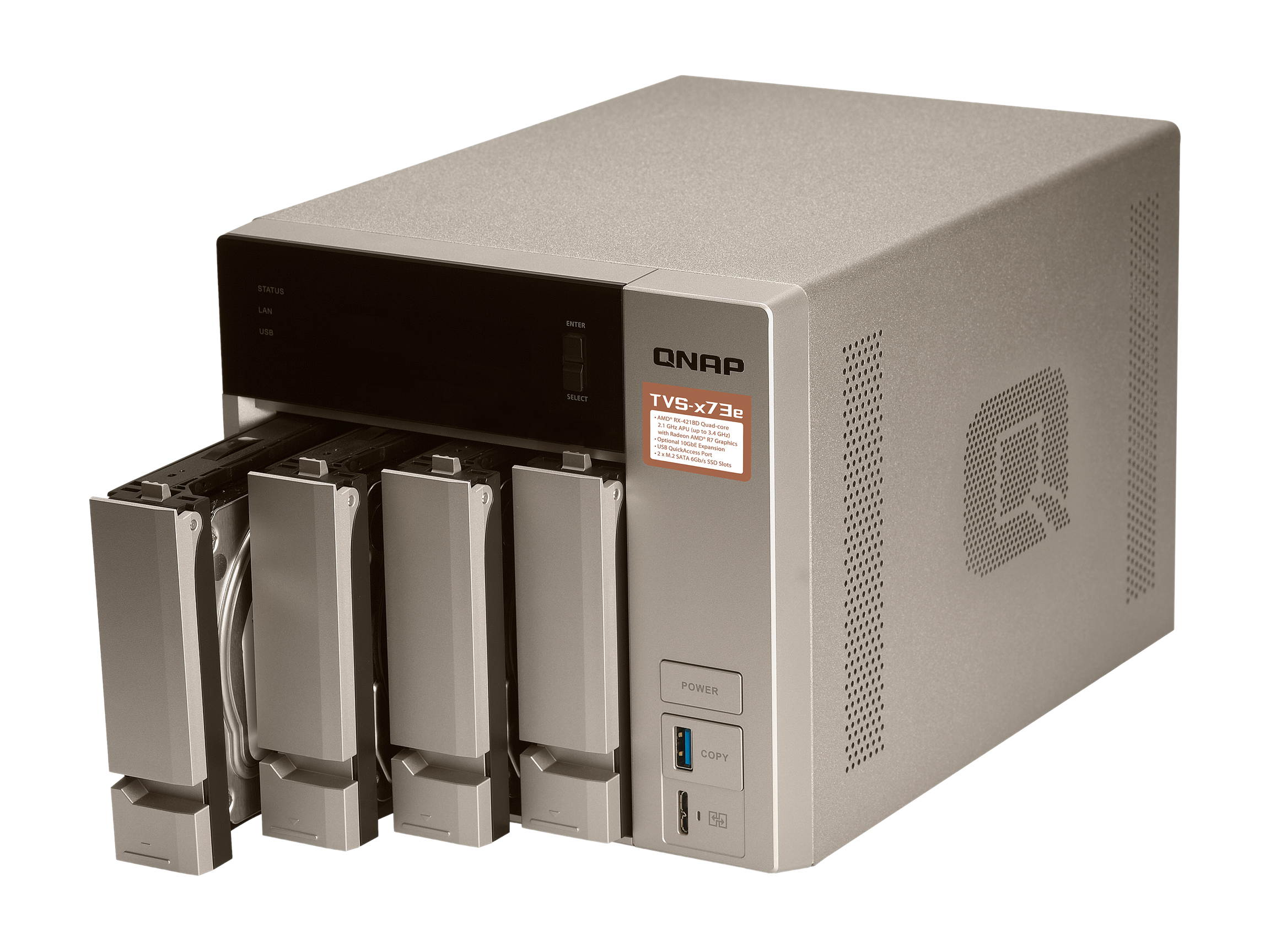 Qnap 4-bay NAS/iSCSI IP-SAN, AMD R series Quad-core 2.1GHz, 4GB RAM, 10G-ready (TVS-473e-4G-US)