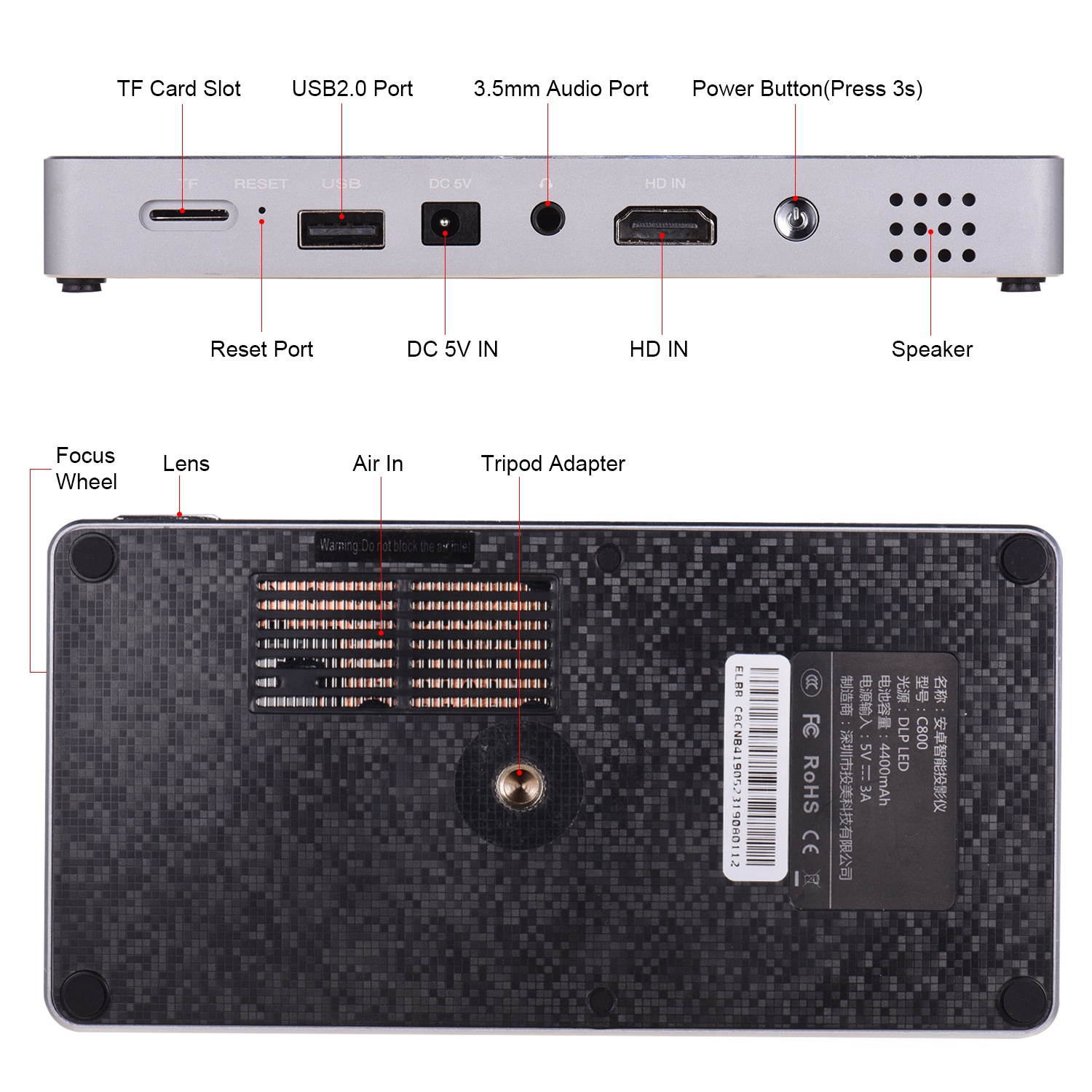 TOUMEI Mini Portable Smart Projector DLP 1080P Supported 250 ANSI Lumens 2+16GB Dual-band WiFi & BT Home Theater Video Projector Wireless Screen Share 120 Inch Projection Display Android 7.1OS with