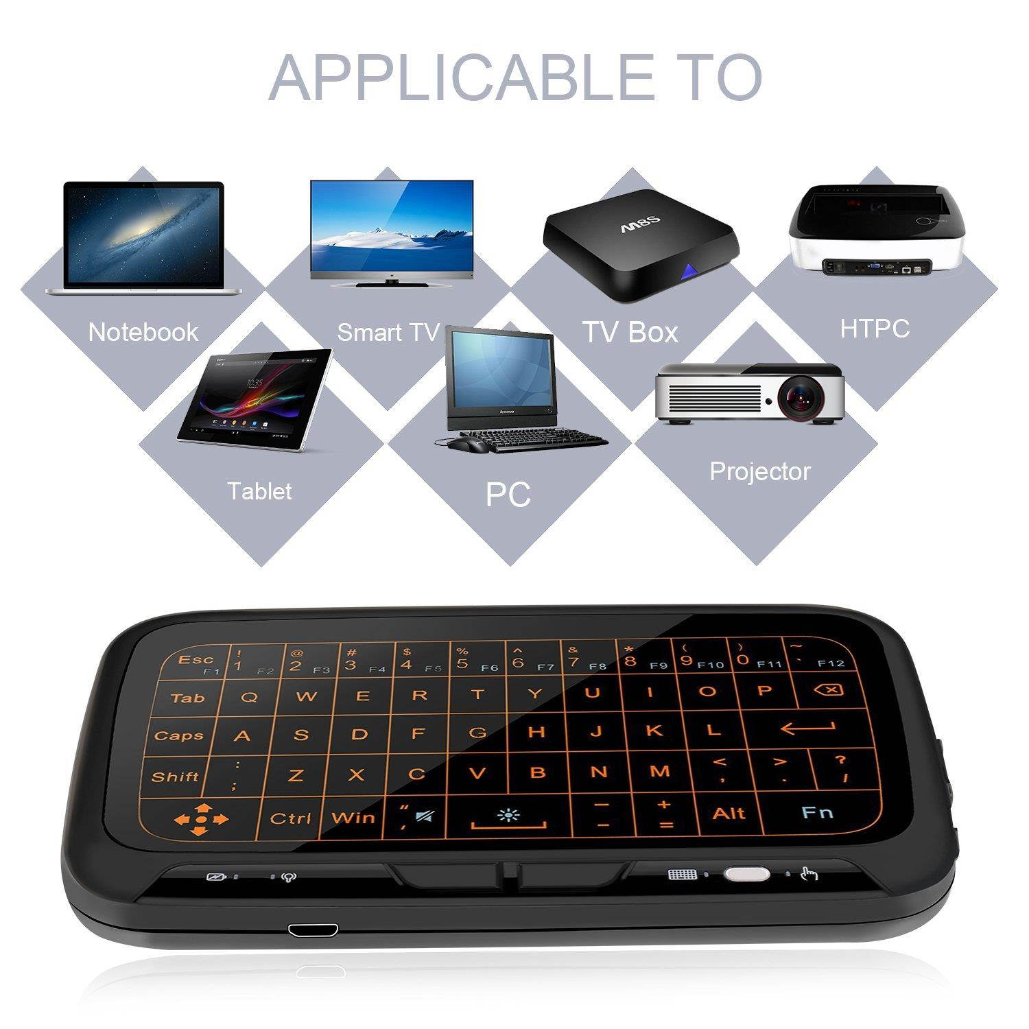 Ilebygo 2.4Ghz Mini Wireless Keyboard,Backllit Full Screen Mouse Touchpad Combo,Rechargeable Remote Control for PC,Android Tv Box,HTPC.IPTV,PS3,Pad,