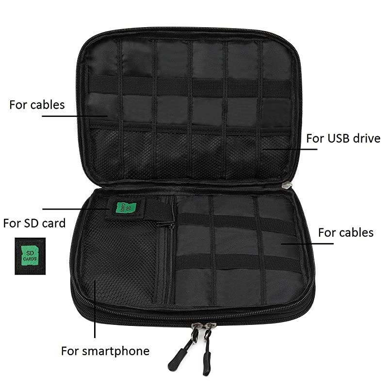 Electronic Organizer, Double Layer Travel Gadget Bag for USB Cable, SD Card, Hard Drive, Power Bank, iPad Mini, etc. with Free Bonus(1 SIM Card Adapter & 1 Velcro Roll) by