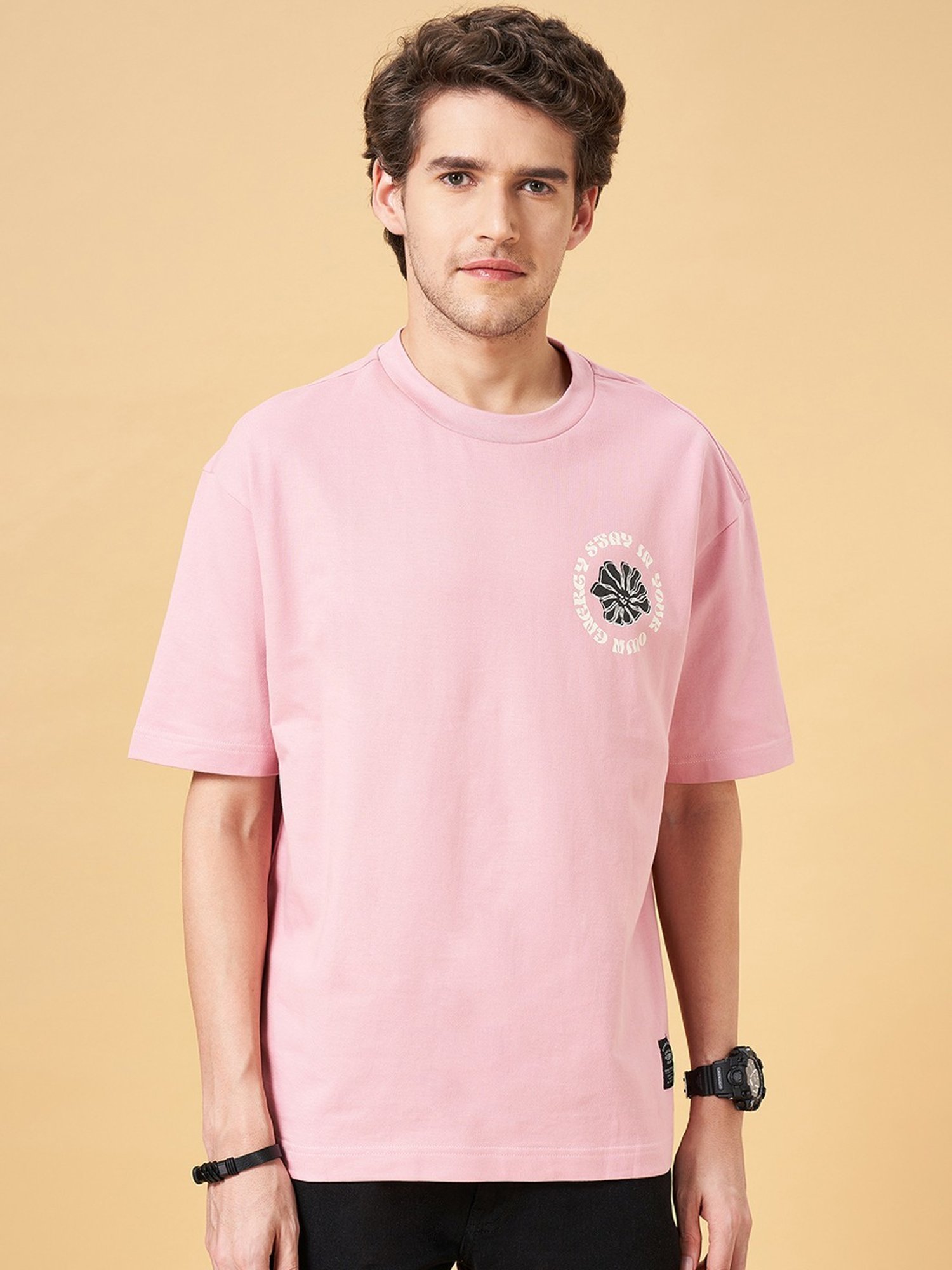 People by Pantaloons Pink Lavender Cotton Boxy Fit Printed T-Shirt