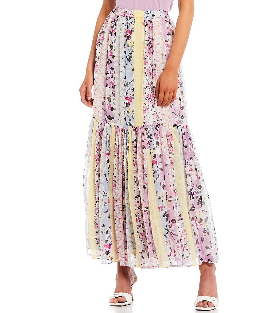 French Connection Ekeze Floral Stripe Side Slit Tiered Skirt
