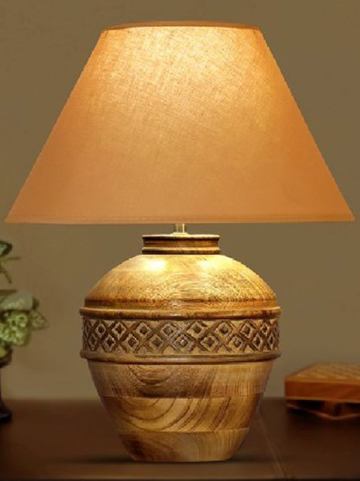 Kapoor Lamp Shades Brown & Pink Wood Cromwell Large Carved Table Lamp