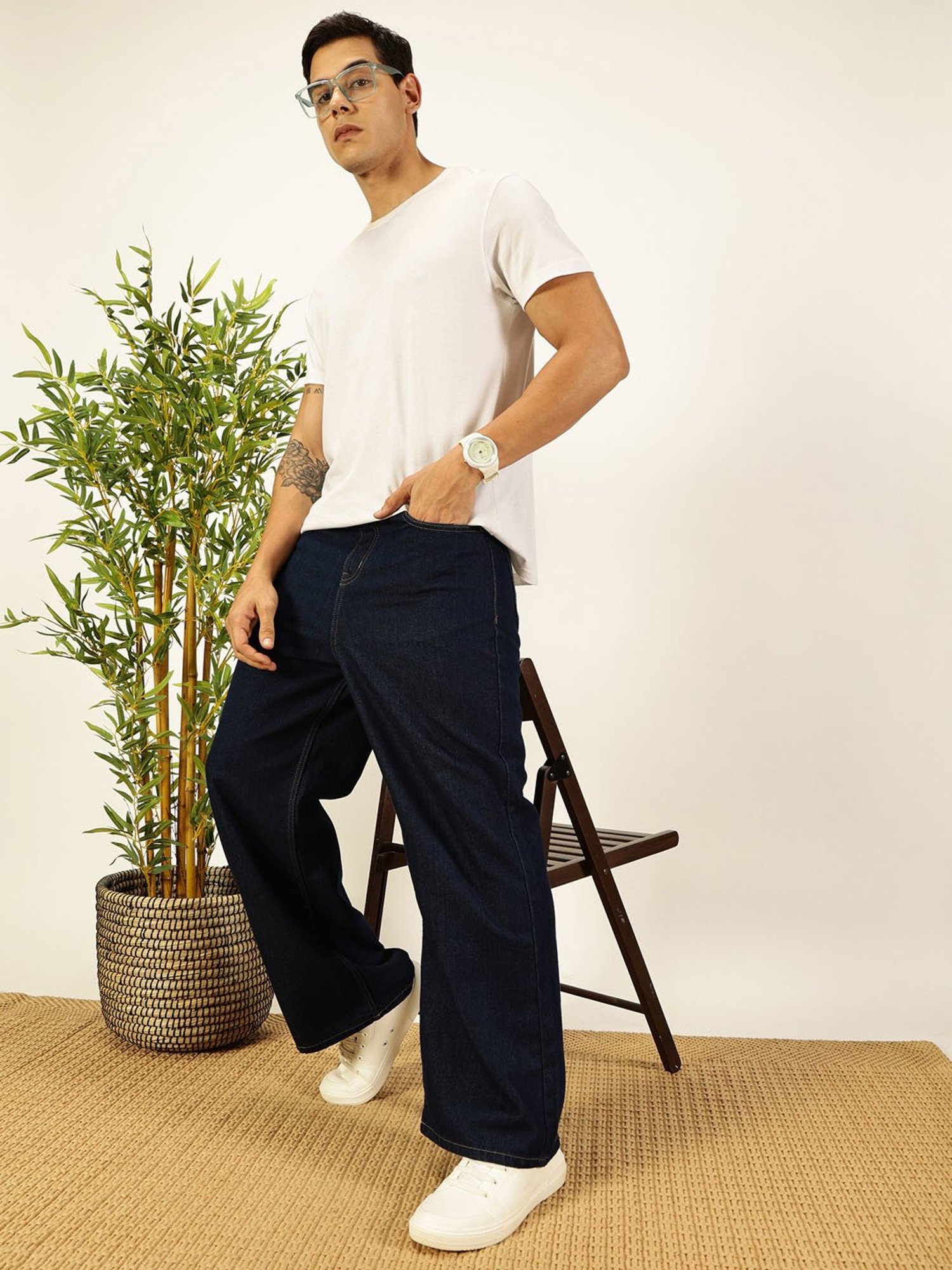 Thomas Scott Dark Blue Cotton Loose fit Solid Jeans