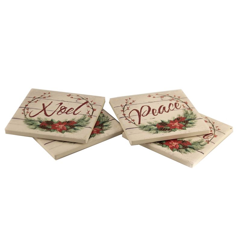 Tabletop 4.0" Christmas Wreath Coasters Absorbent St/4 Poinsettia Carson Home Accents  -  Coasters