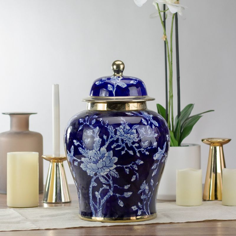 Raz Imports 16.5" Blue and White Floral Jar with a Gold Stripe