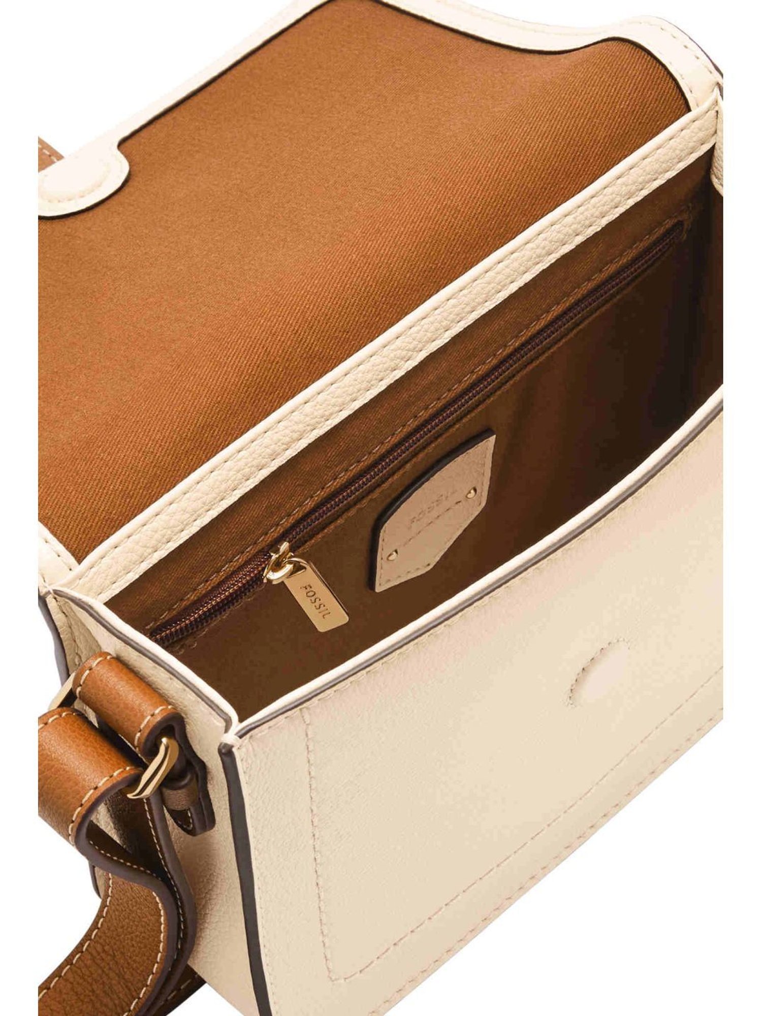 Fossil White & Brown Solid Sling Handbag