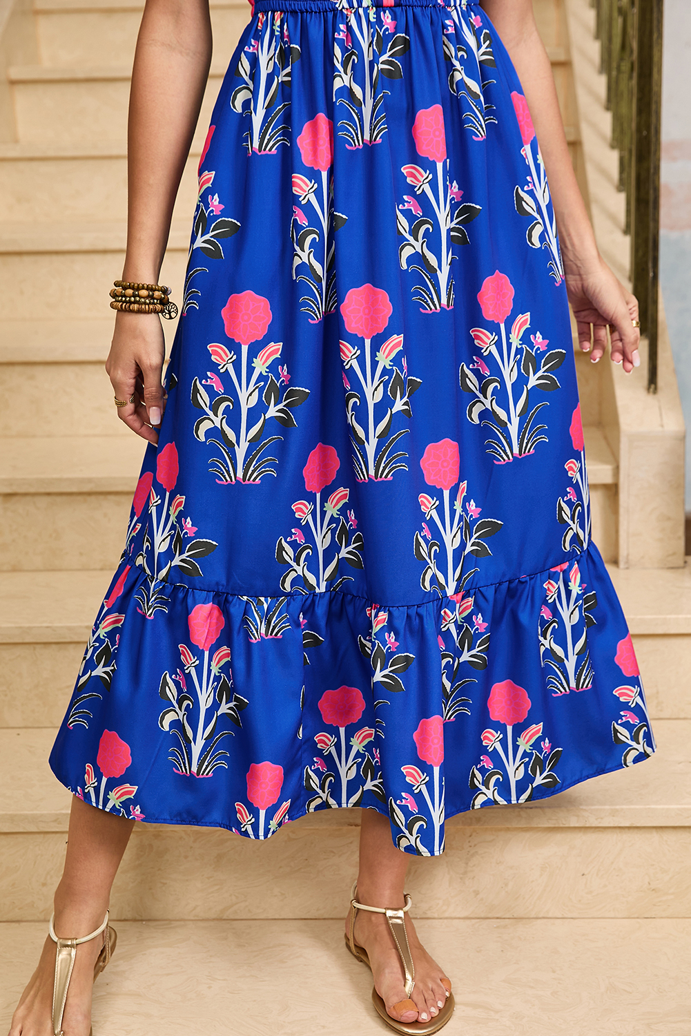 Multicolour Floral Print Split Neck Midi Dress