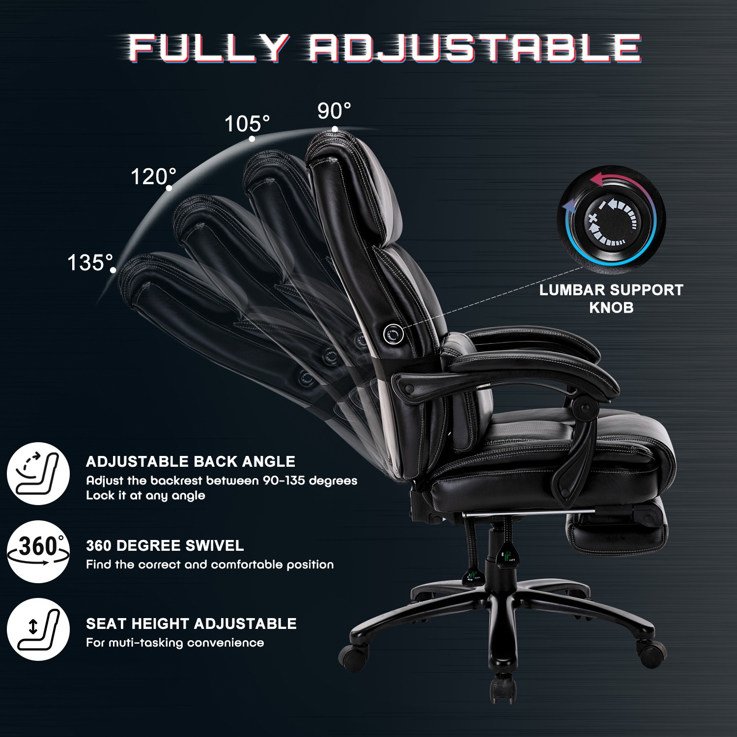 STARSPACE Big and Tall Reclining Office Chair - High Back Executive Computer Desk Chair with Adjustable Built-in Lumbar Support, Angle Recline Locking System and Footrest, Thick Padding for Comfort