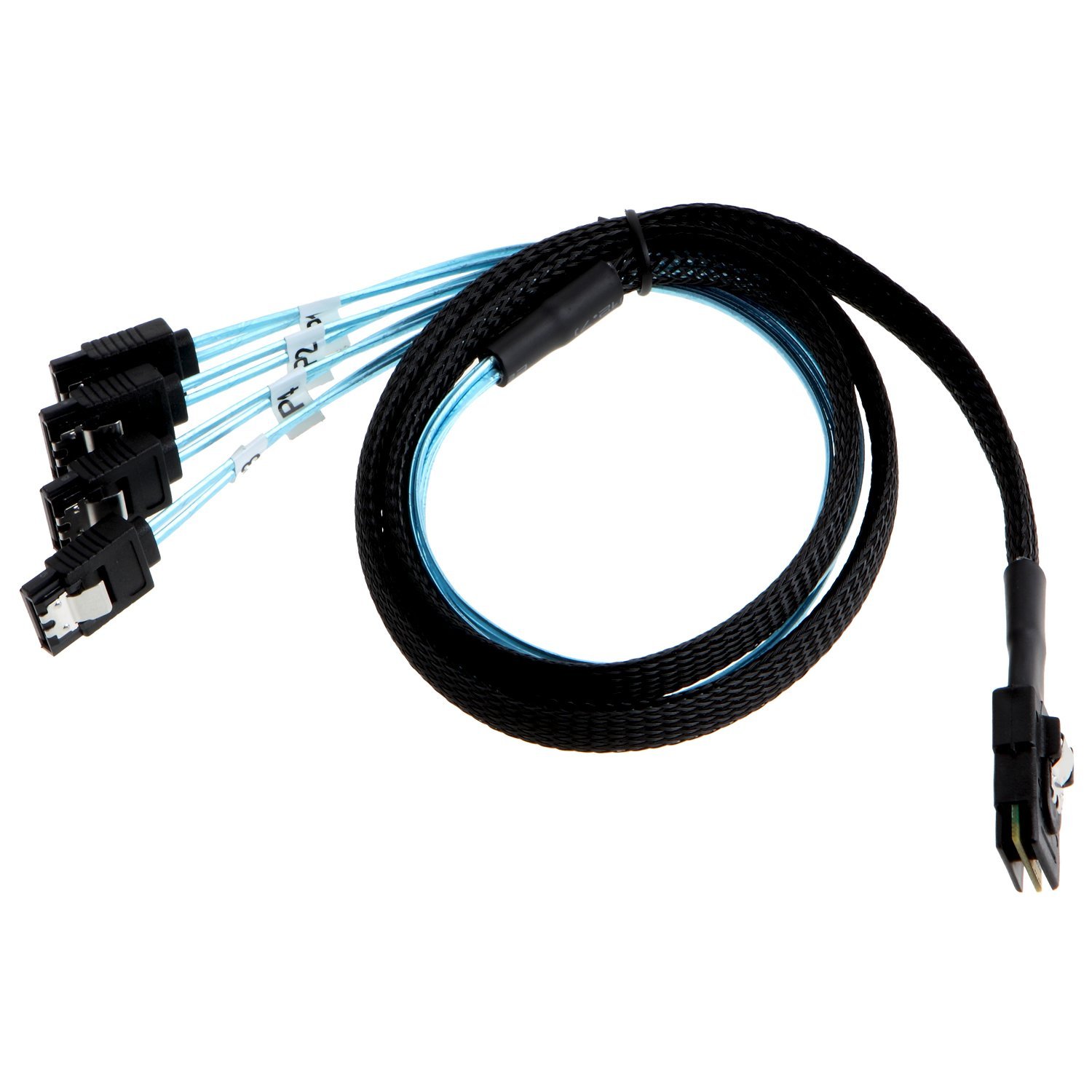 SFF8087-4SATA-0.5M 0.5 Meter 30AWG Internal Mini SAS 36pin (SFF-8087) Male w/ Latch to 4 x SATA 7pin Female Forward Breakout Cable with Nylon Braiding