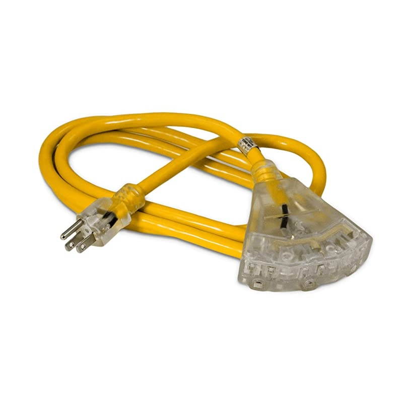 6ft 123 Heavy Duty 3Outlet Lighted SJTW IndoorOutdoor Extension Cord by Short Yellow 6 12Gauge Grounded 15Amp ThreeProng PowerCord 6 foot 12Awg