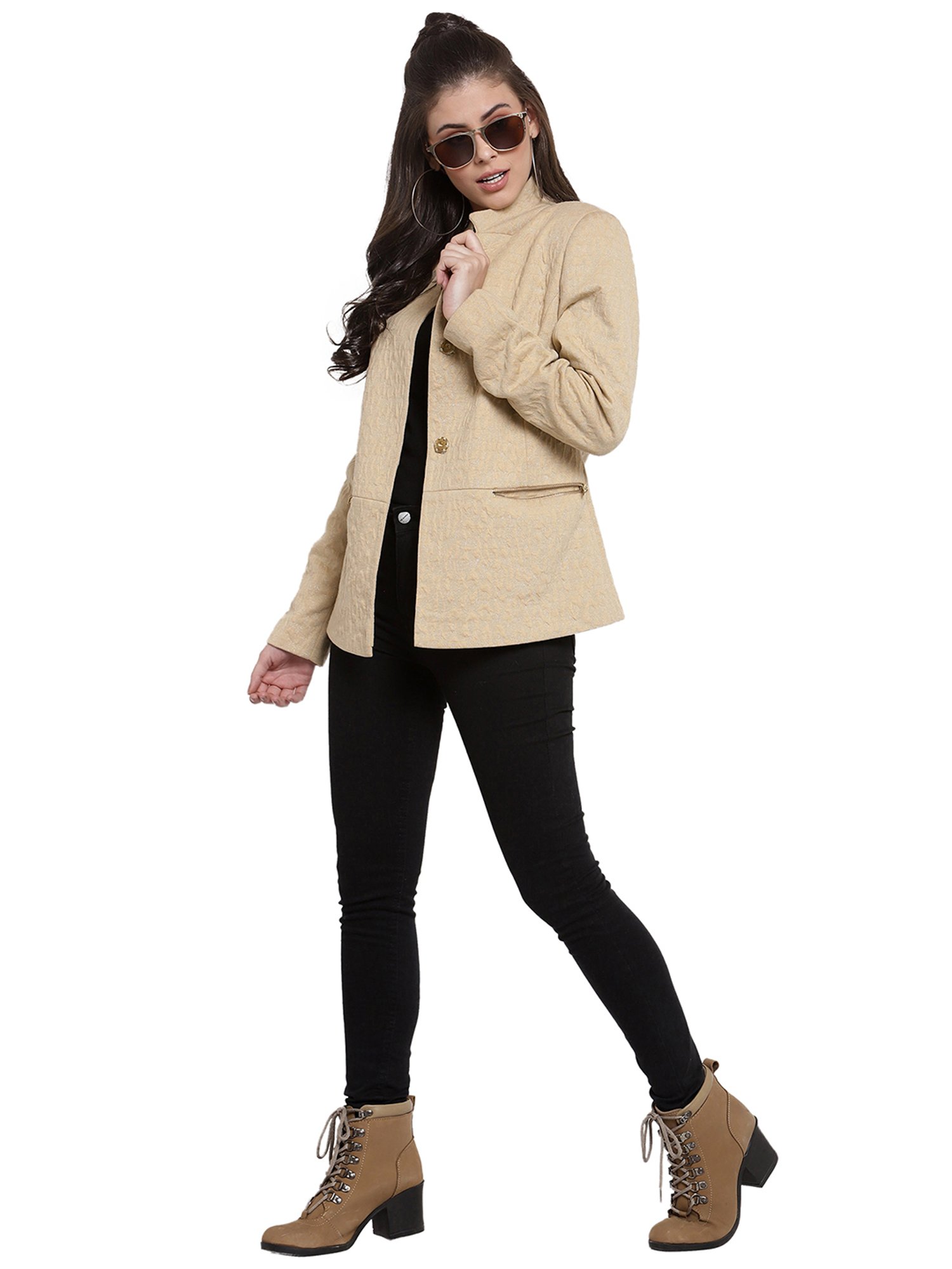 Juelle Beige Jacquard Full Sleeves Coat