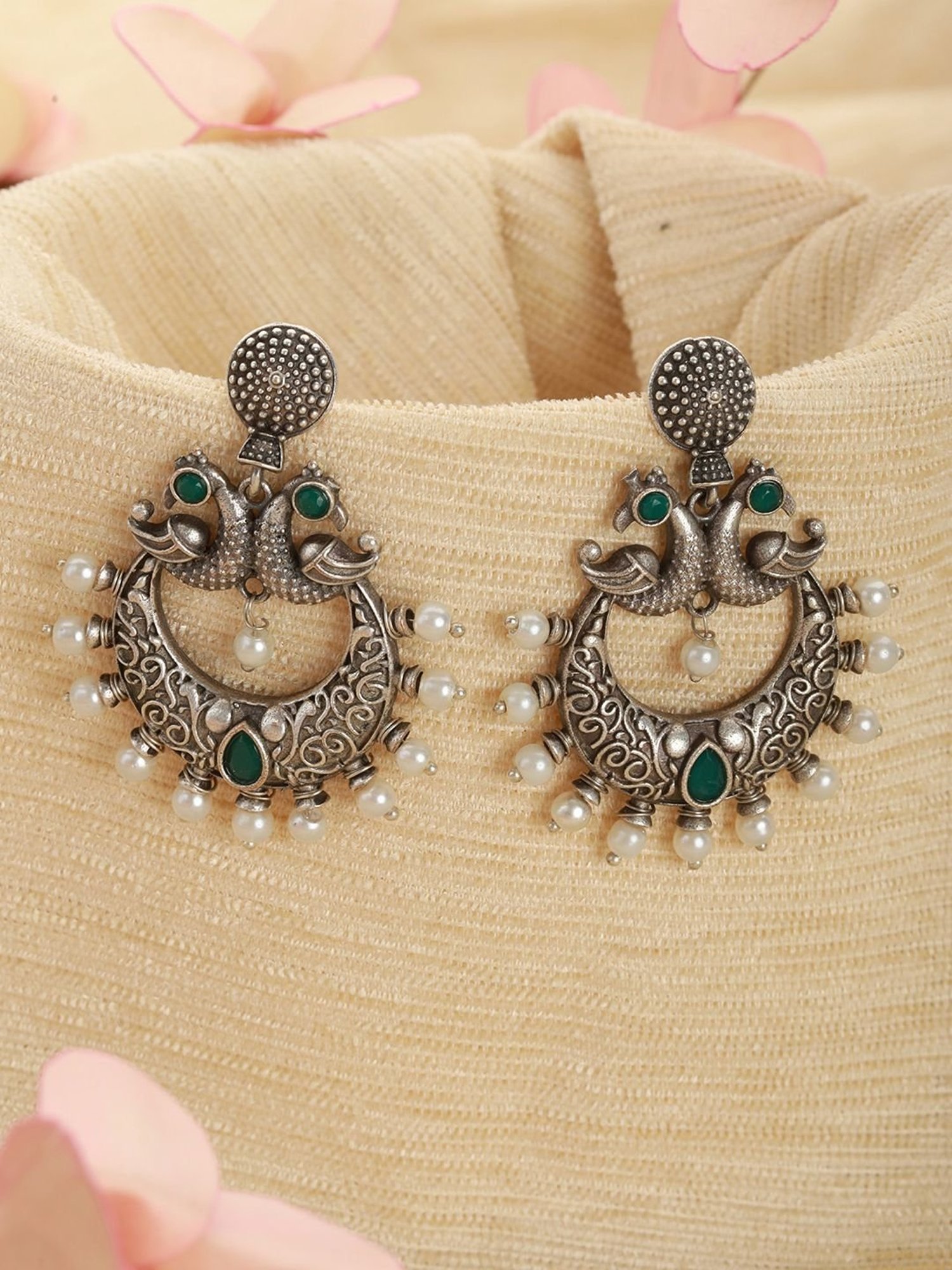 Aatmana Oxidized Silver-Toned Green Stone-Studded & Pearl Dome Shaped Chand Bali Earrings