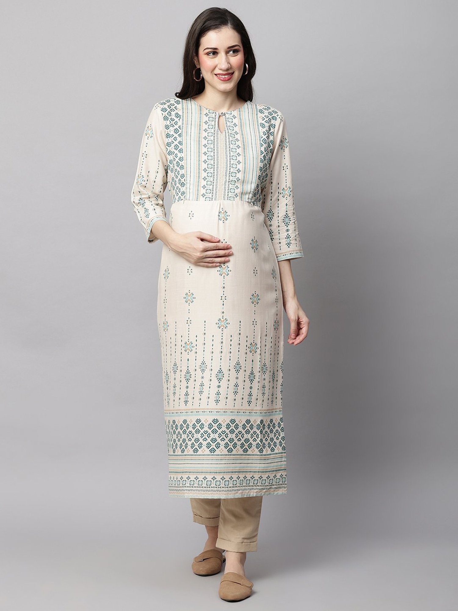 MomToBe Cream Embroidered Maternity Kurti