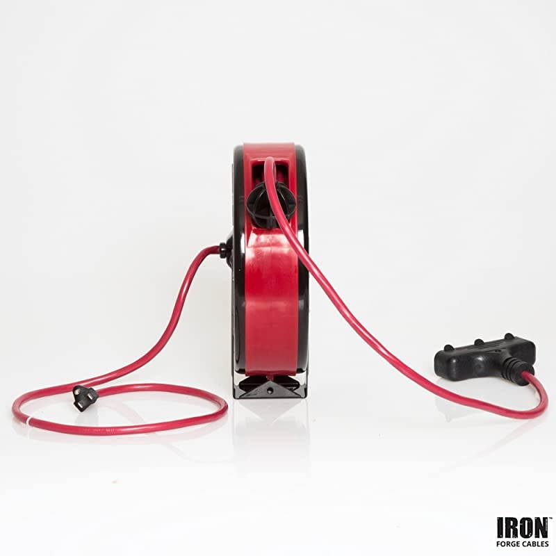 Retractable Extension Cord Reel with Breaker Switch 3 Electrical Power Outlets 163 SJTW Durable Red Cable Perfect for Hanging from Your Garage Ceiling