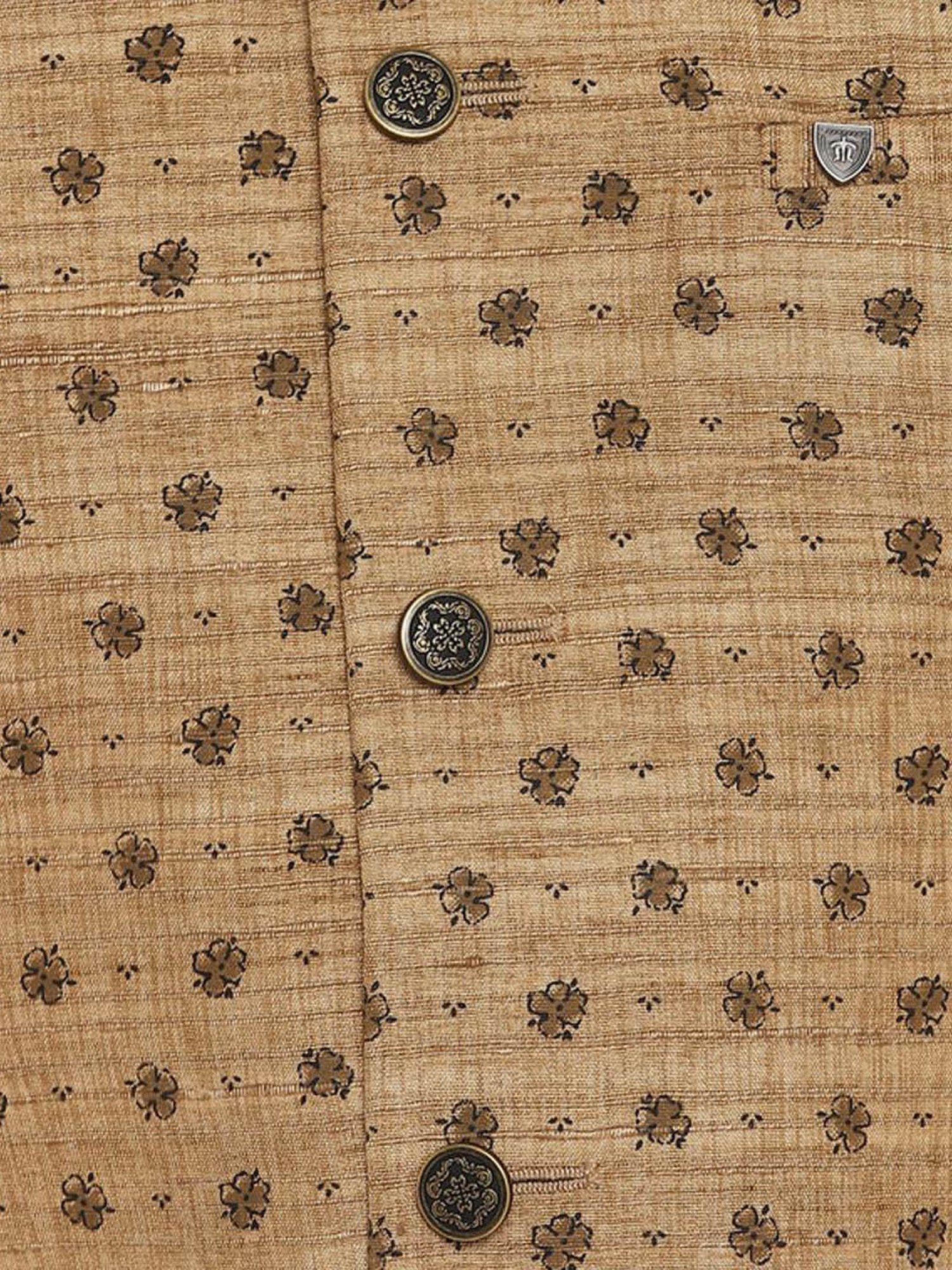 Turtle Beige Cotton Slim Fit Printed Nehru Jacket