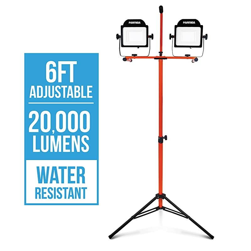 LED Dual-Head Work Light with 6ft Adjustable Tripod Stand, 20,000 Lumen, 200W, Durable Aluminum Body, IP65 Waterproof, Foldable Stand, Multi-Directional & Detachable Heads, ETL-Listed