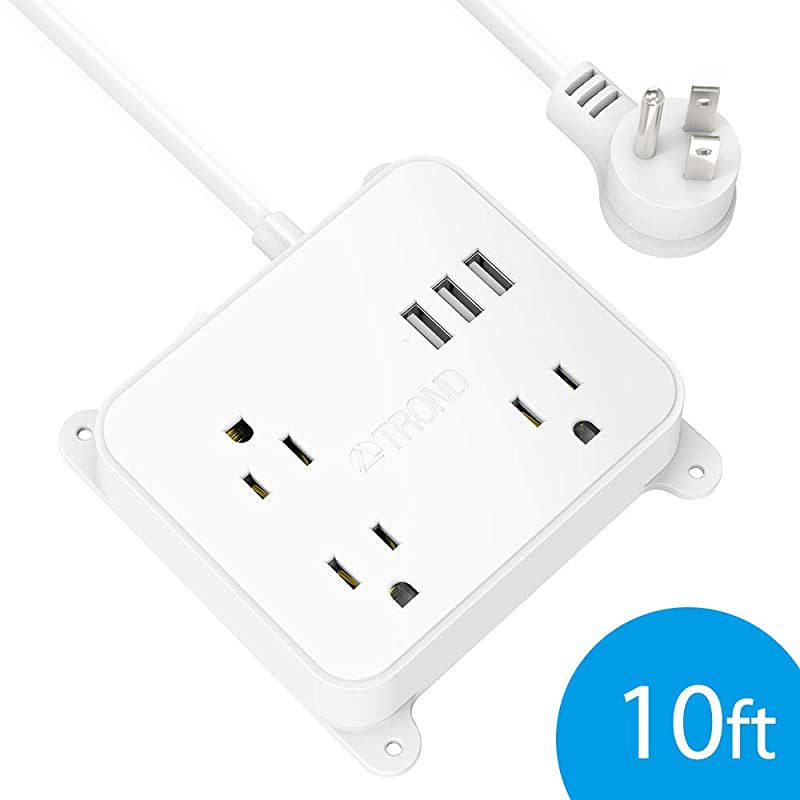 Power Strip with Long Cord  Wall Mountable 10ft Outlet Extender with 3 USB Ports 3 Widely Spaced Flat Plug Outlets Desktop Charging Station for Dorm Room Nightstand Office White