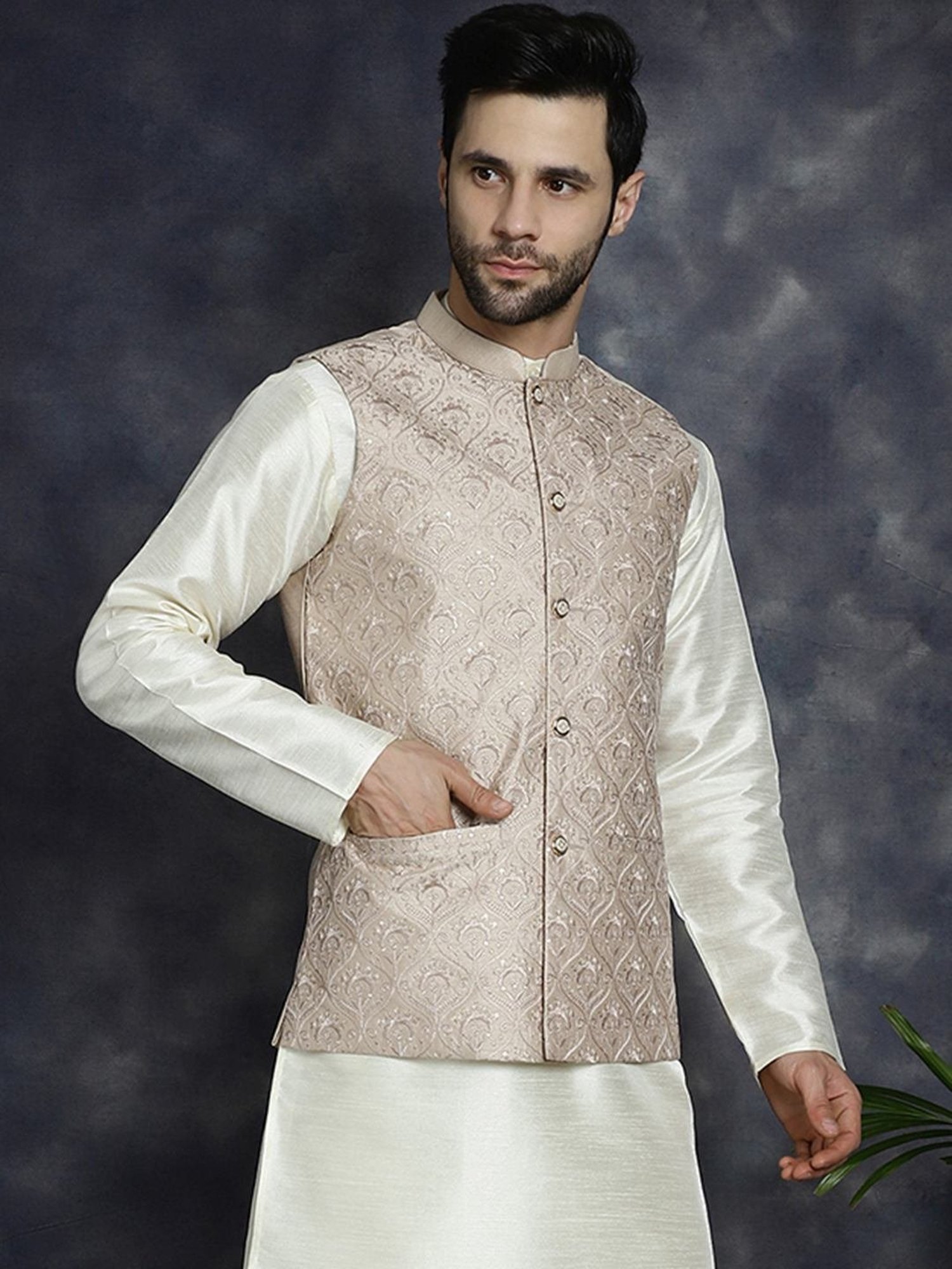 Jompers Peach Regular Fit Embellished Nehru Jacket