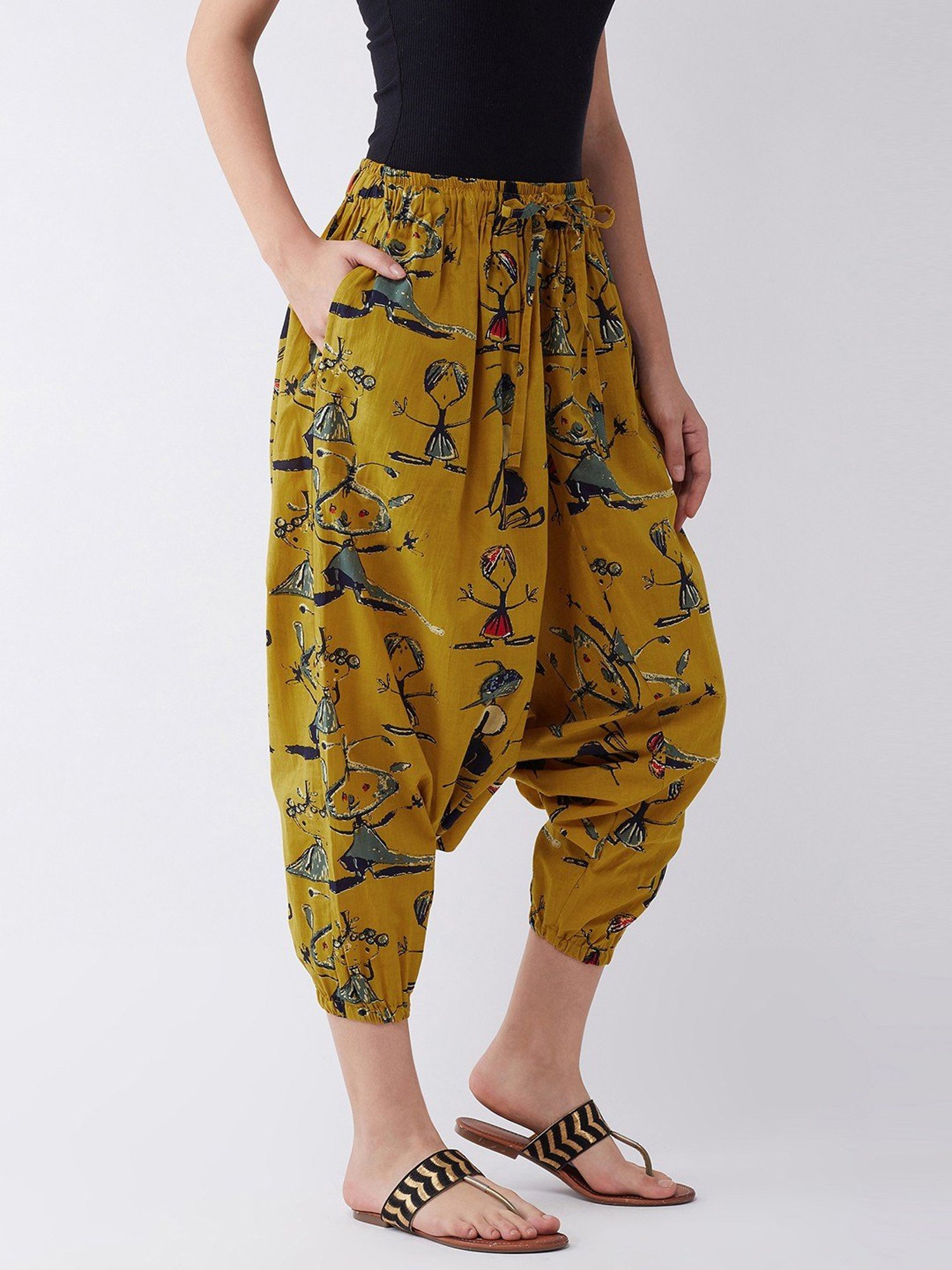 Inweave Mustard Cotton Printed Dhoti Pants