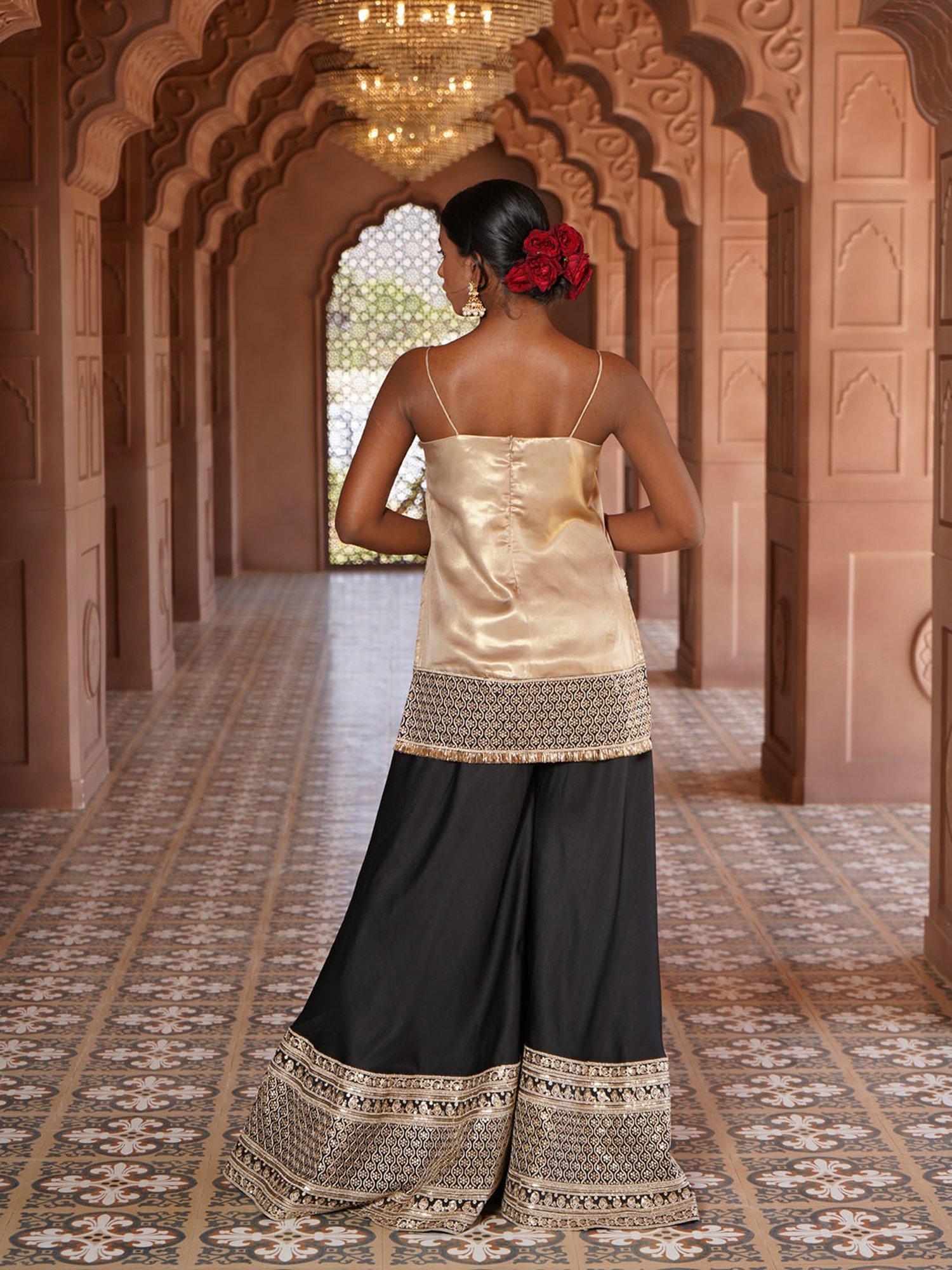 Monk and Mei Nargis Strap Kurta with Silk Sharara & Dupatta