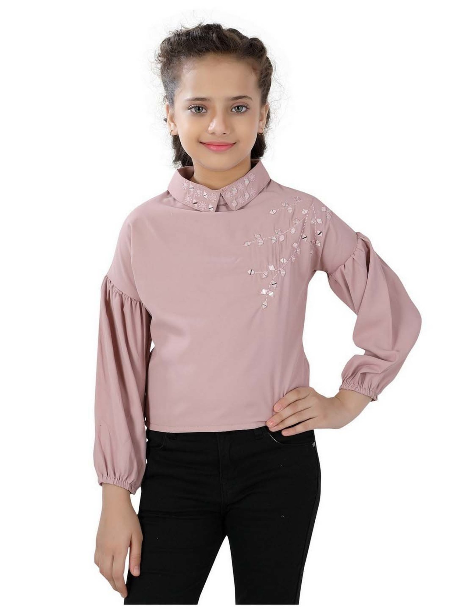 poplins Kids Pink Cotton Embellished Full Sleeves Top