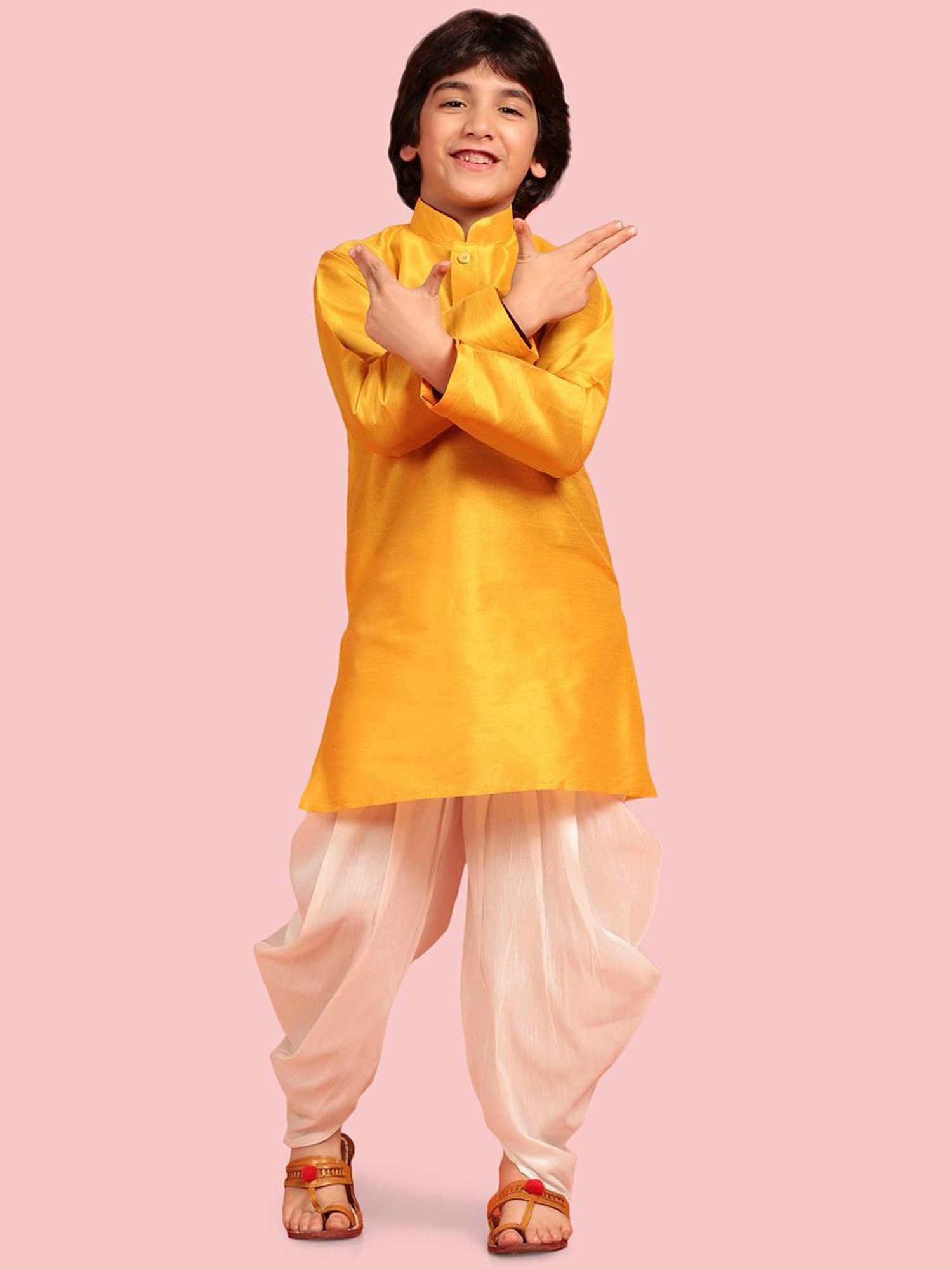 AJ Dezines Kids Yellow & White Regular Fit Full Sleeves Kurta Set