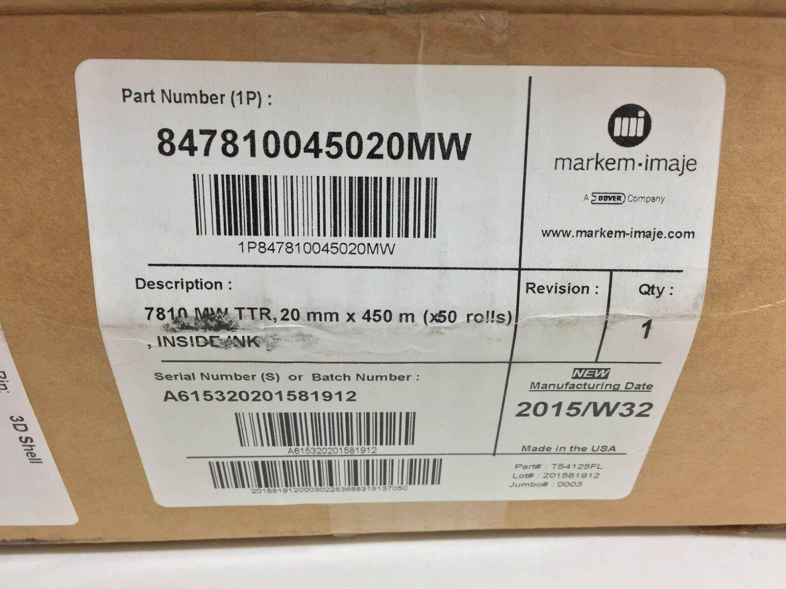 (50) NEW! Christoph PRINTER RIBBONS 847810045020MW 7810 MW 20MM X 450M X 50 ROLLS