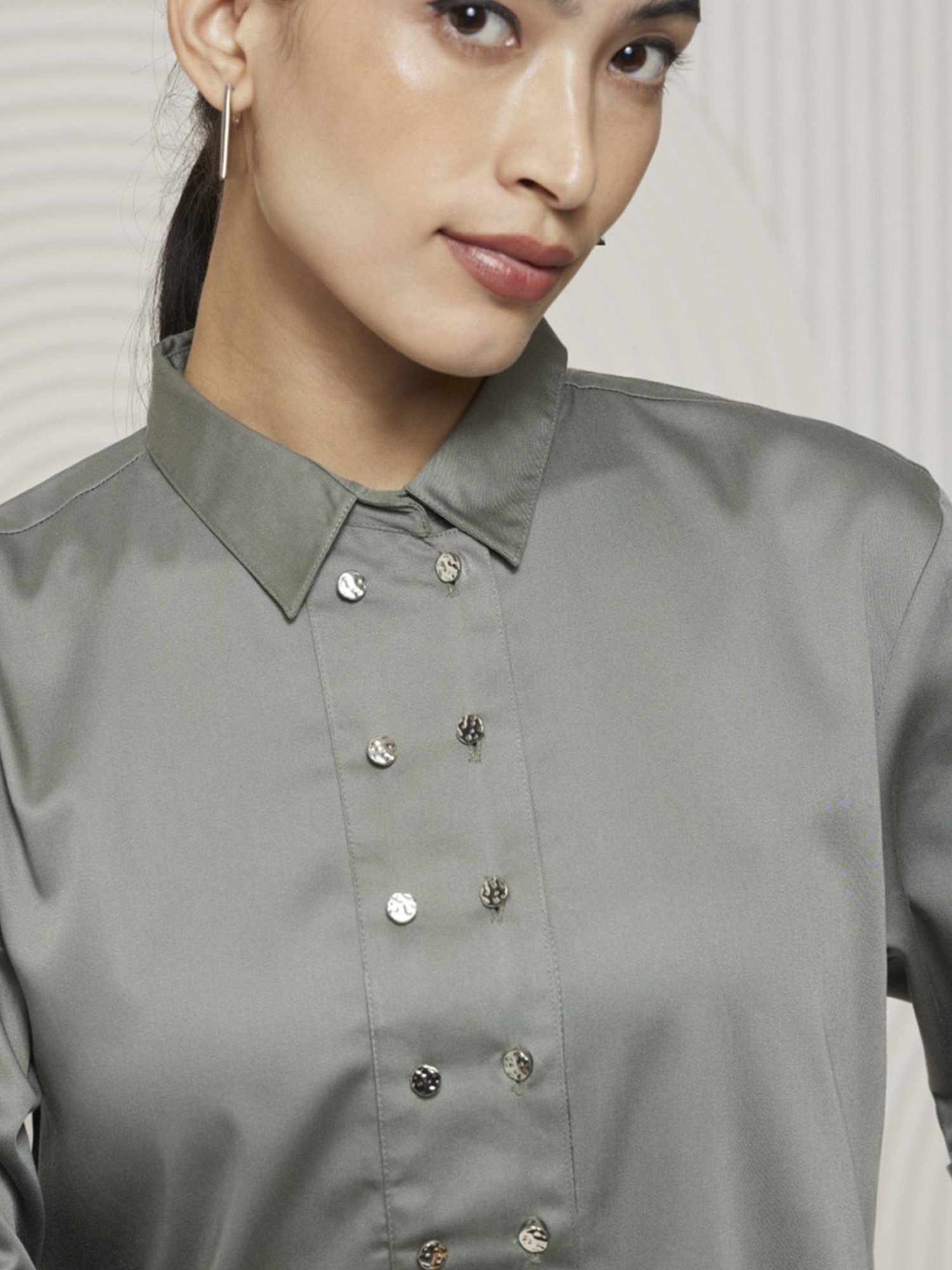 Artagai Green Elevated Basics Shirt Dress With Metal Button Detall