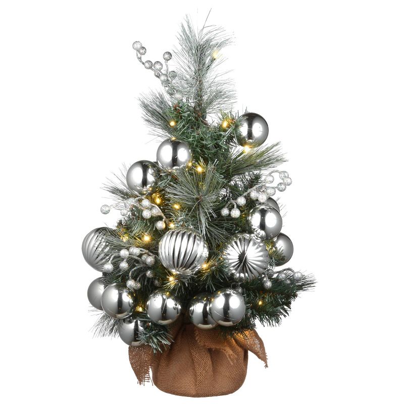 2ft National Tree Company Frosted Silver Pine Small Tree Silver Berries Warm White Battery Op LED Lights with Timer
