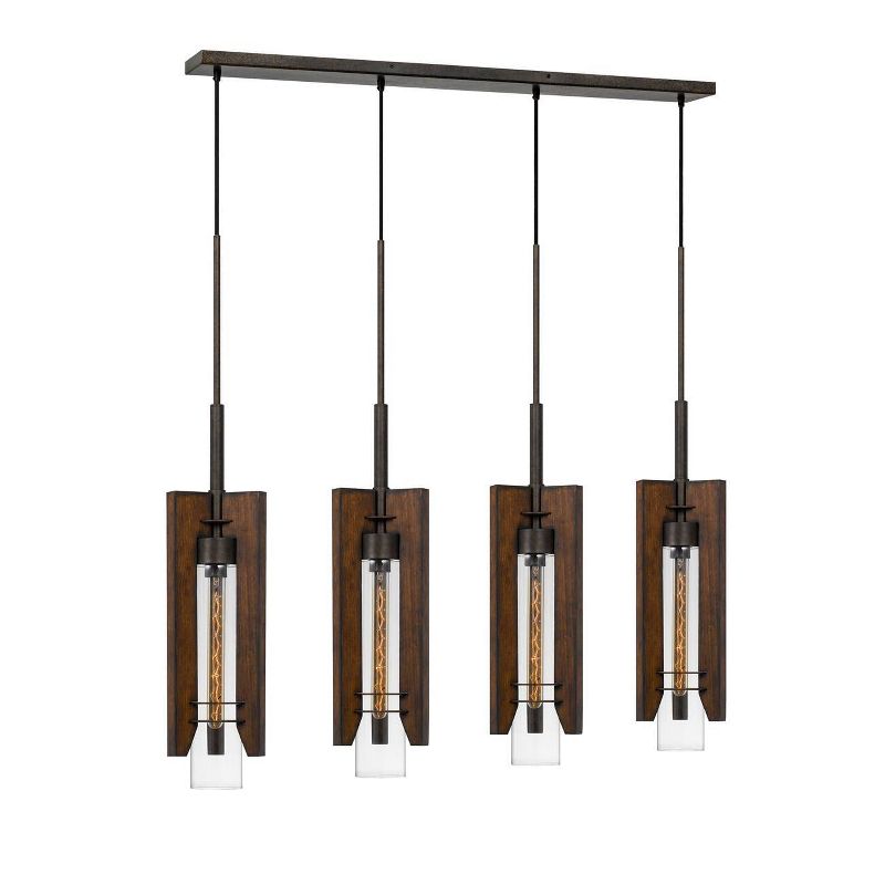 (7" x 39.25") 4 Light Metal and Wood Almeria Island Pendant with Clear Glass Shade Brown - Cal Lighting