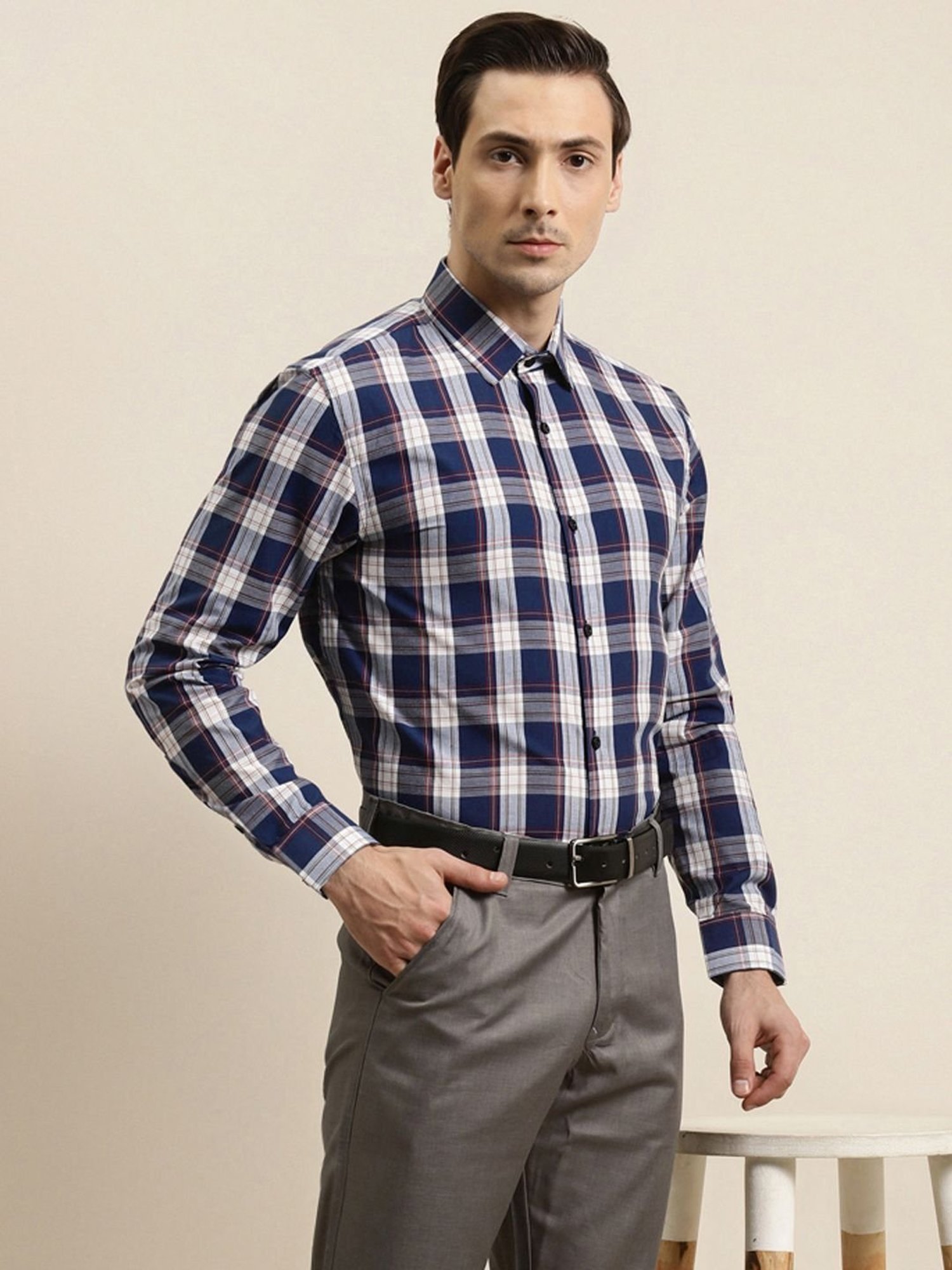 Sojanya Navy Cotton Regular Fit Checks Shirt