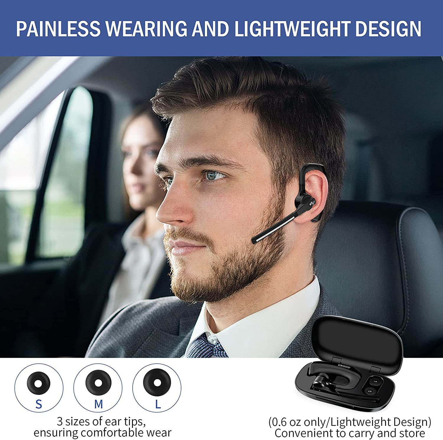 Bluetooth Headset, Jelly Comb Noise Canceling Wireless Earpiece with CVC8.0 Dual Mic, Hands-Free Earphone for Driving/Business/Office, Compatible iPhone Android Cell Phones Laptop