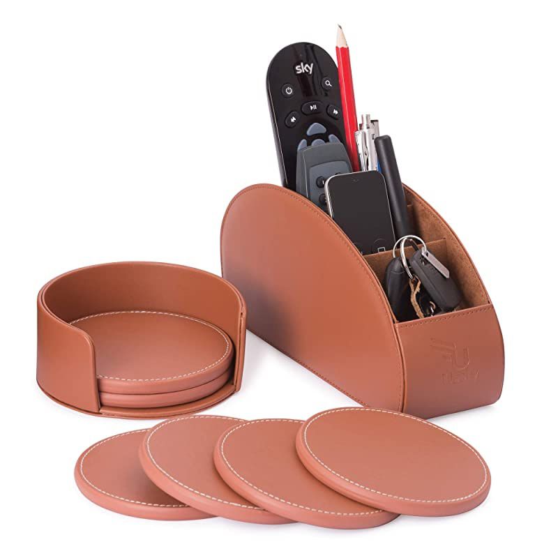 Remote Control Holder Organizer BoxPU Leather Universal Remote Caddy Desktop Organizer 5 Storage Compartments for Office and Set of 6 Round Protection Coasters for Furniture Table Dining Drinks