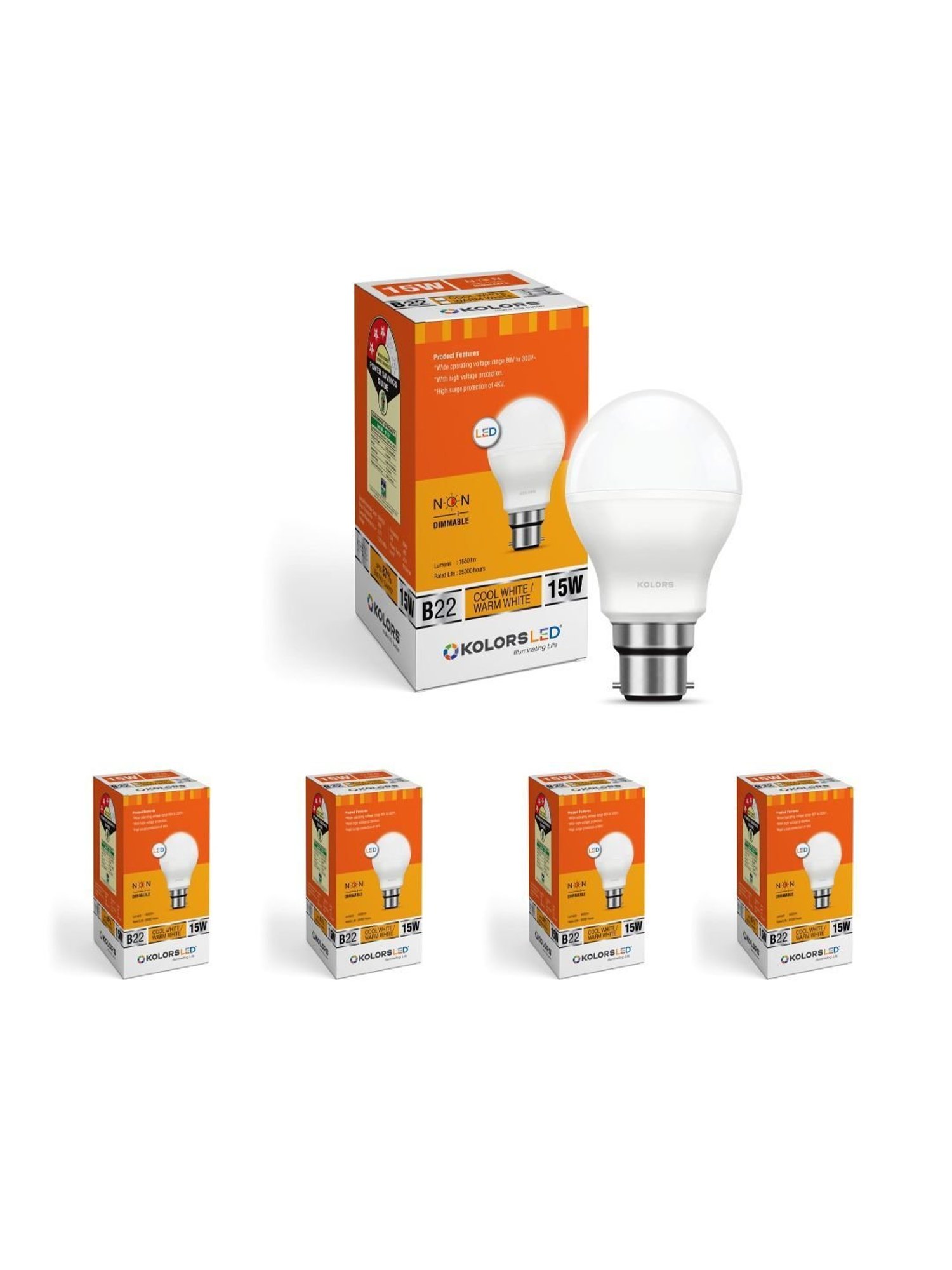KOLORS Keeto LED Bulb B22 6500K 15W Pack of 5 - Cool White