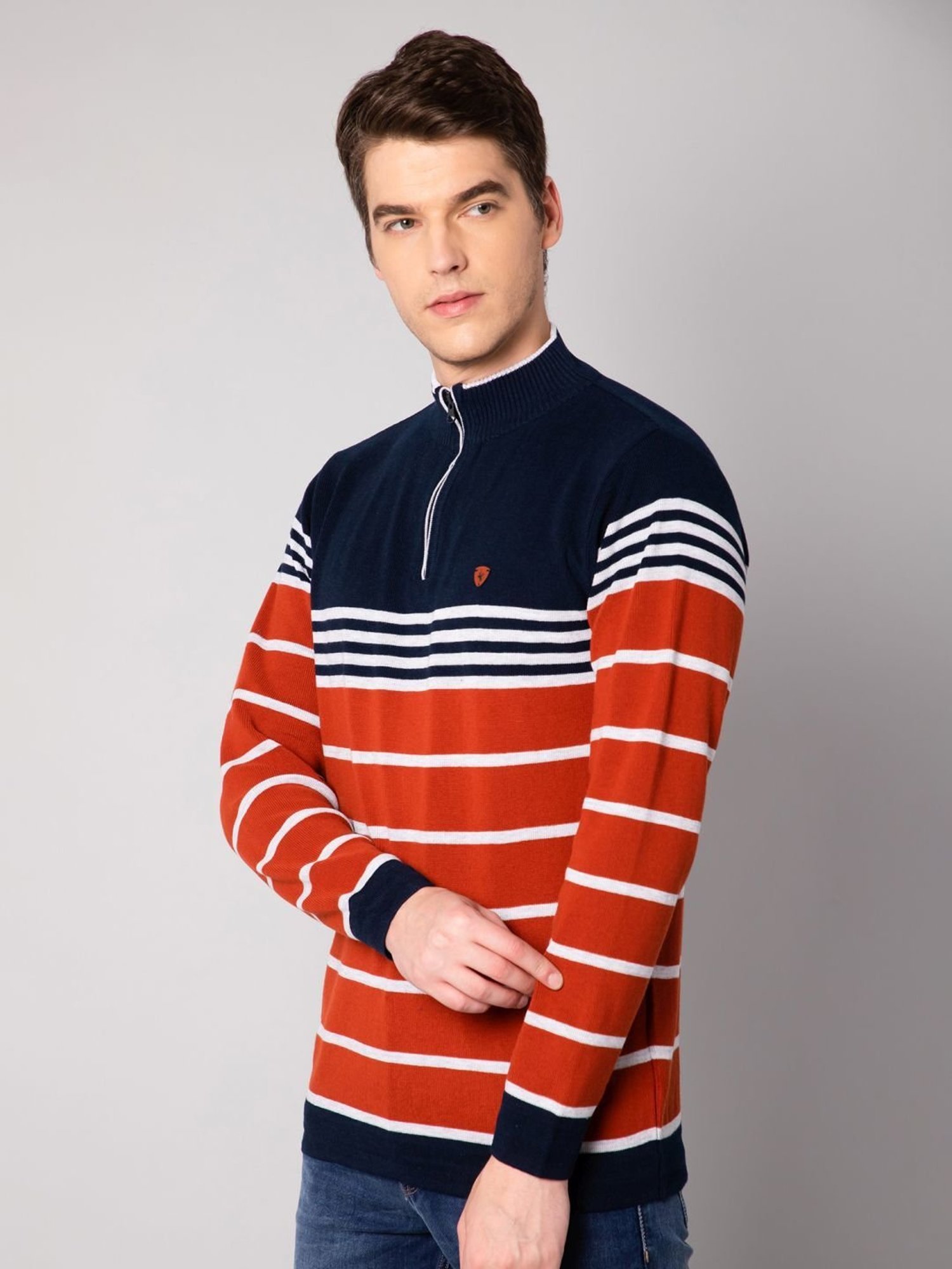 Cantabil Rust Regular Fit Striped Sweater
