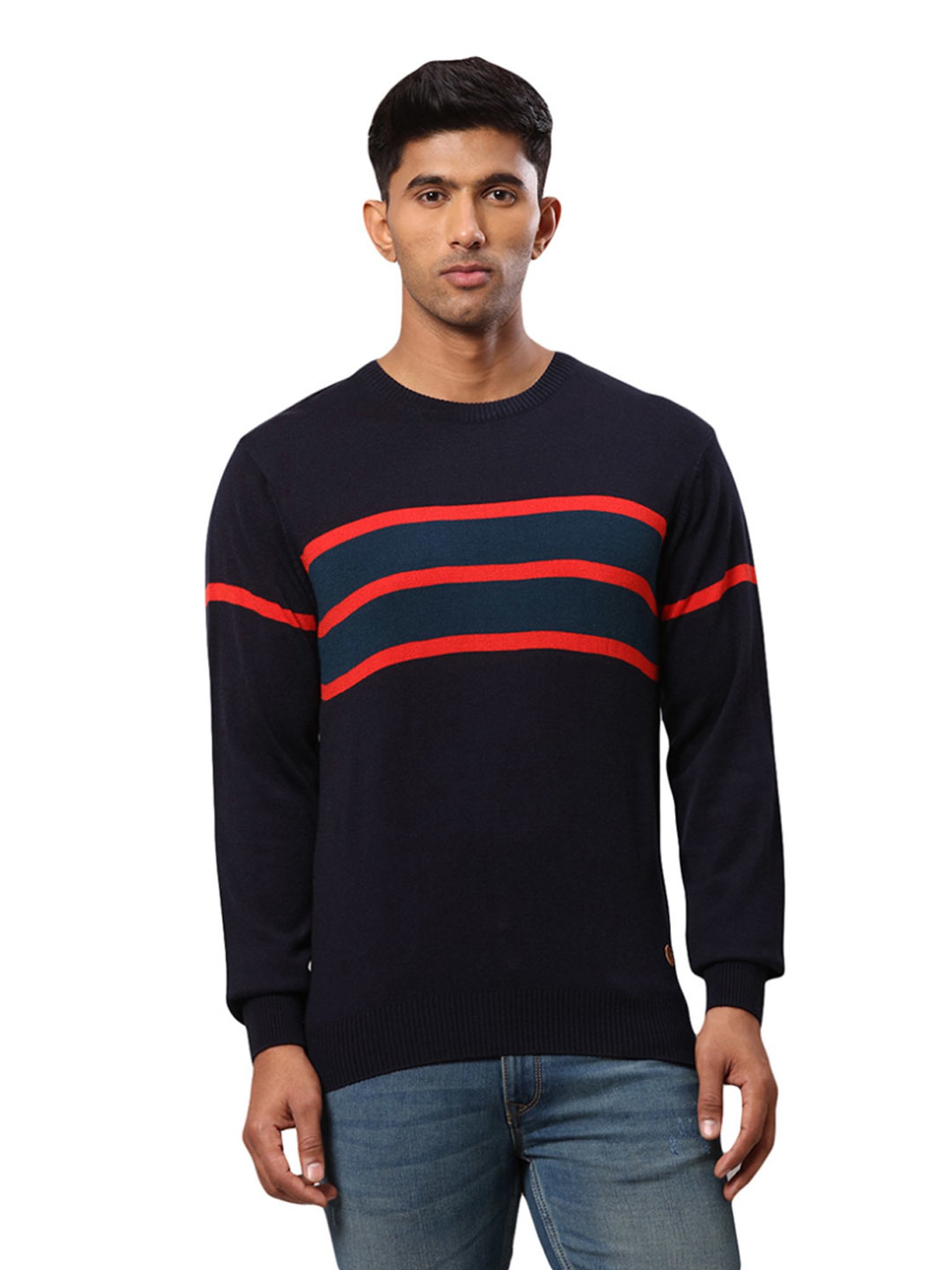 Raymond Blue Regular Fit Striped Sweater