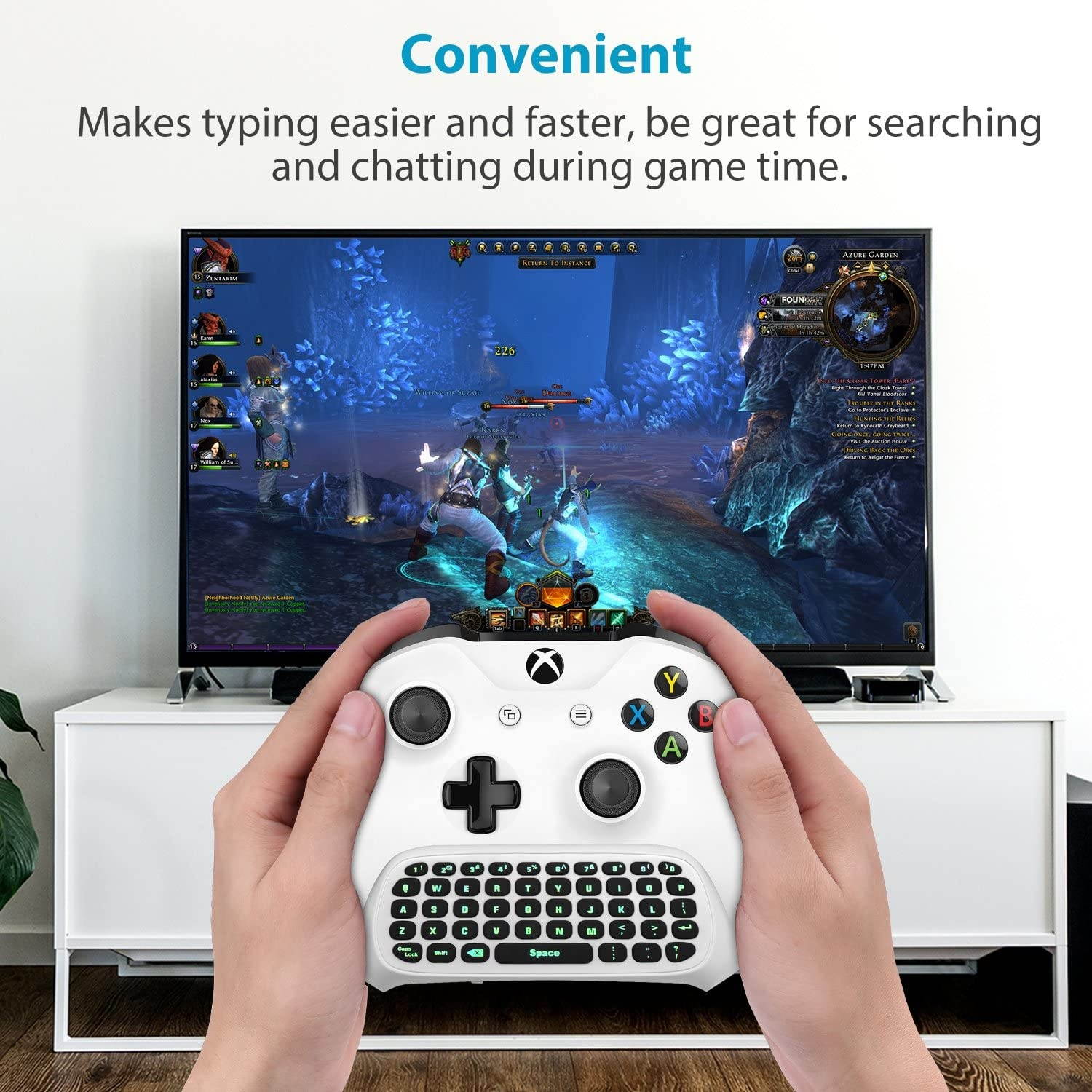 MoKo Xbox One Mini Green Backlight Keyboard, 2.4G Receiver Wireless Chatpad Message Game Keyboard Keypad, with Headset and Audio Jack, for Xbox One/Xbox One S/Xbox One Elite Controller, White
