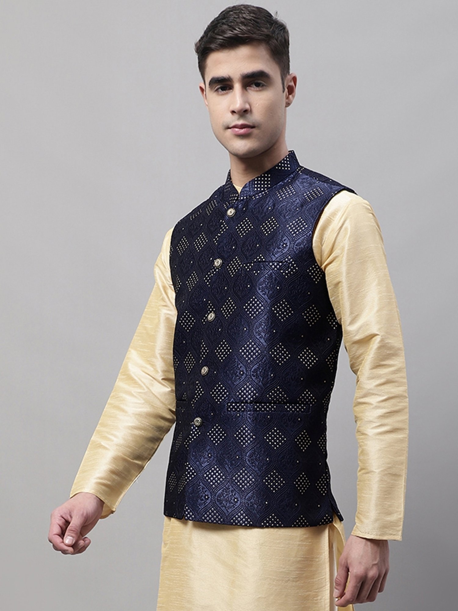 Jompers Navy Regular Fit Embroidered Nehru Jackets
