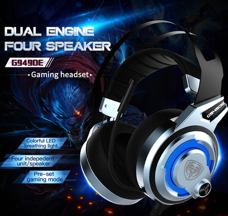 Somic G949DE,PC PS4 Gaming Headset Noise Cancelling Overear,7.1 Virtual Surround Stereo Sound,Mic and Colorful LED Lights,USB Plug