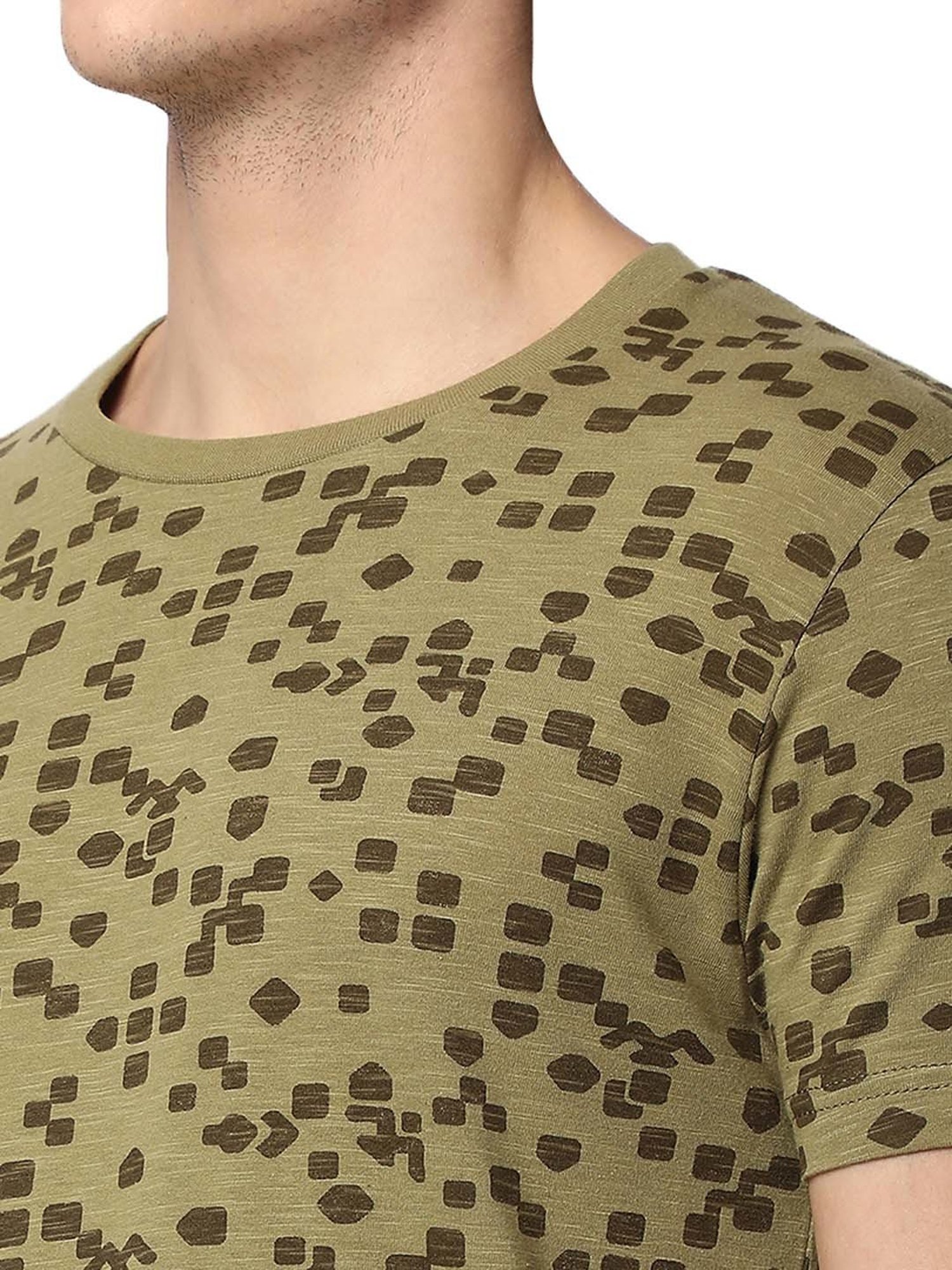 Mufti Light Olive Slim Fit Printed Crew T-Shirt