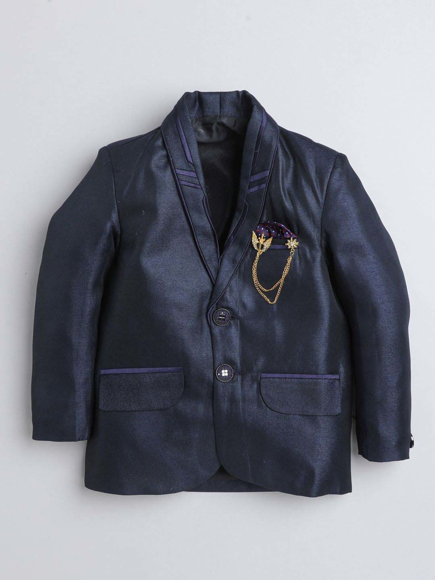 Fourfolds Boys Steelblue Solid Full Sleeves Suit Set