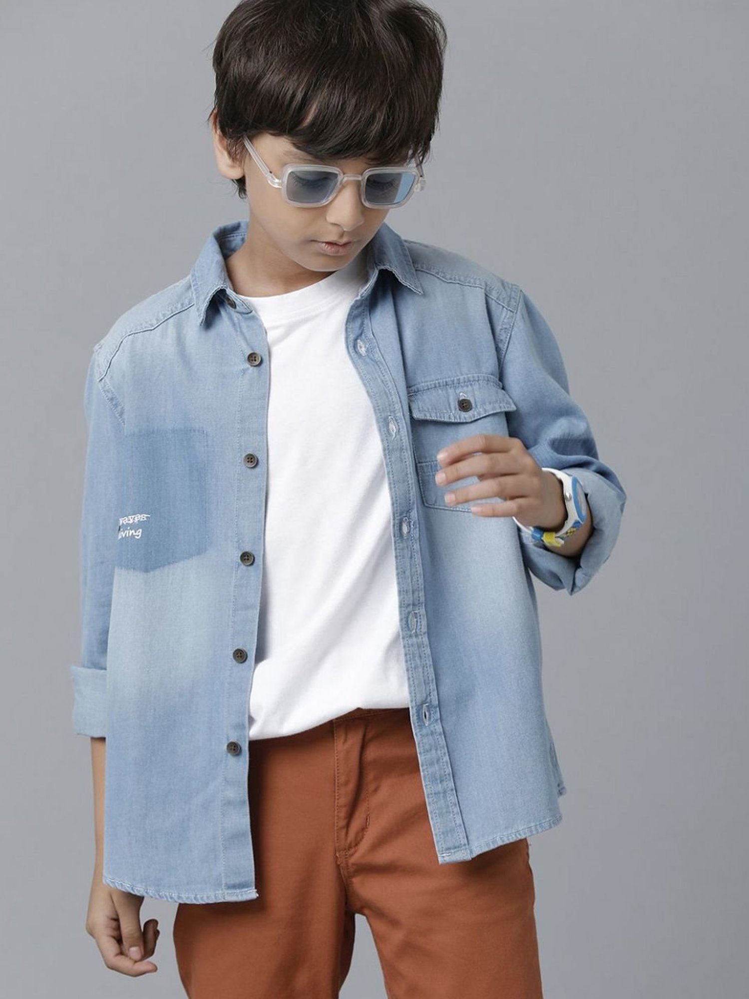 Under Fourteen Only Kids Blue Cotton Regular Fit Full Sleeves Shirt