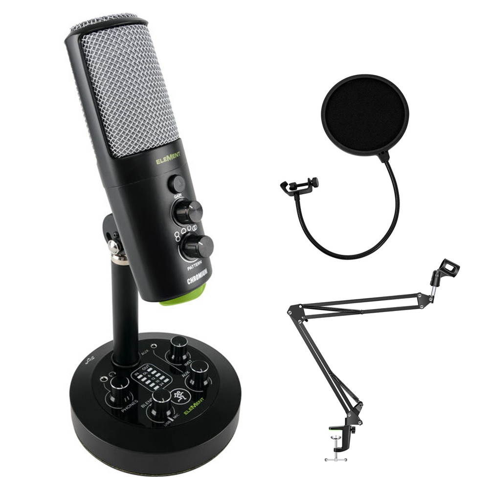 Mackie EleMent Series Chromium Bundle USB Condenser Mic (Built-in Mixer) with Mic Boom Scissor Arm Stand & Studio Monitor Headphones