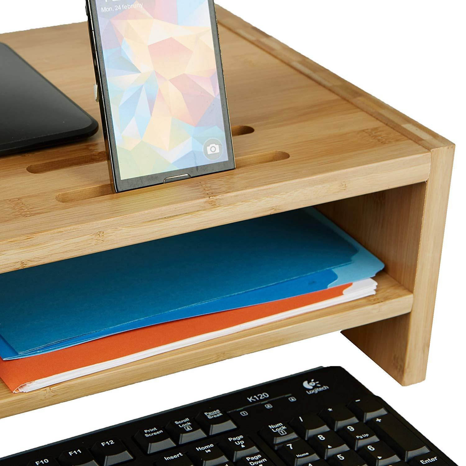 Mind Reader MONITORBM-BRN Monitor Stand Organizer, 6 Compartments, Office, Desk, Laptop, Eco Friendly Bamboo Brown