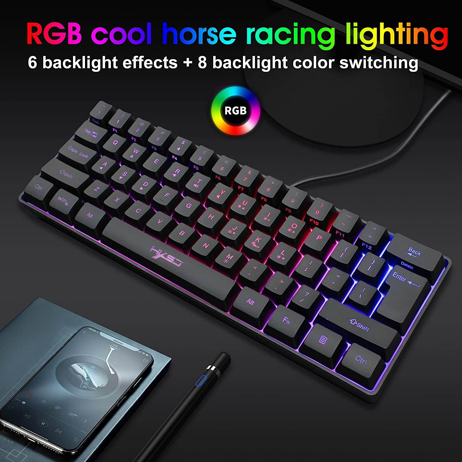 60% Wired Gaming Keyboard, RGB Backlit Ultra-Compact Mini Keyboard, Mini Ergonomic 61 Keys Keyboard,Mechanical Feel Type-C USB Waterproof for PC/Mac Gamer, Typist(White)