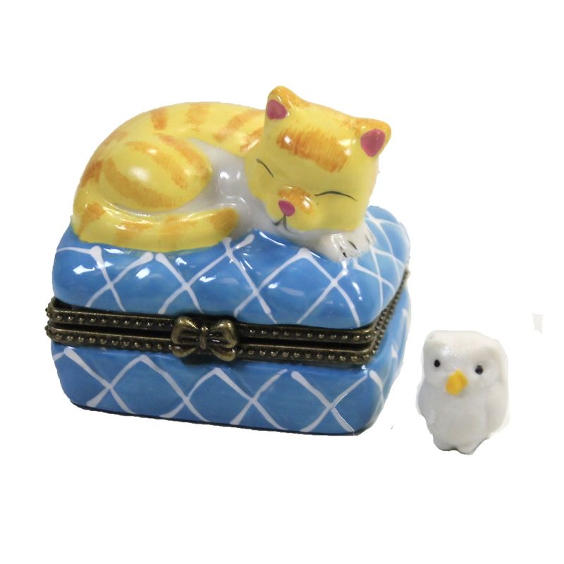 Hinged Trinket Box 1.75" Yellow Cat Napping Kitten Footstool Sleeping  -  Decorative Figurines