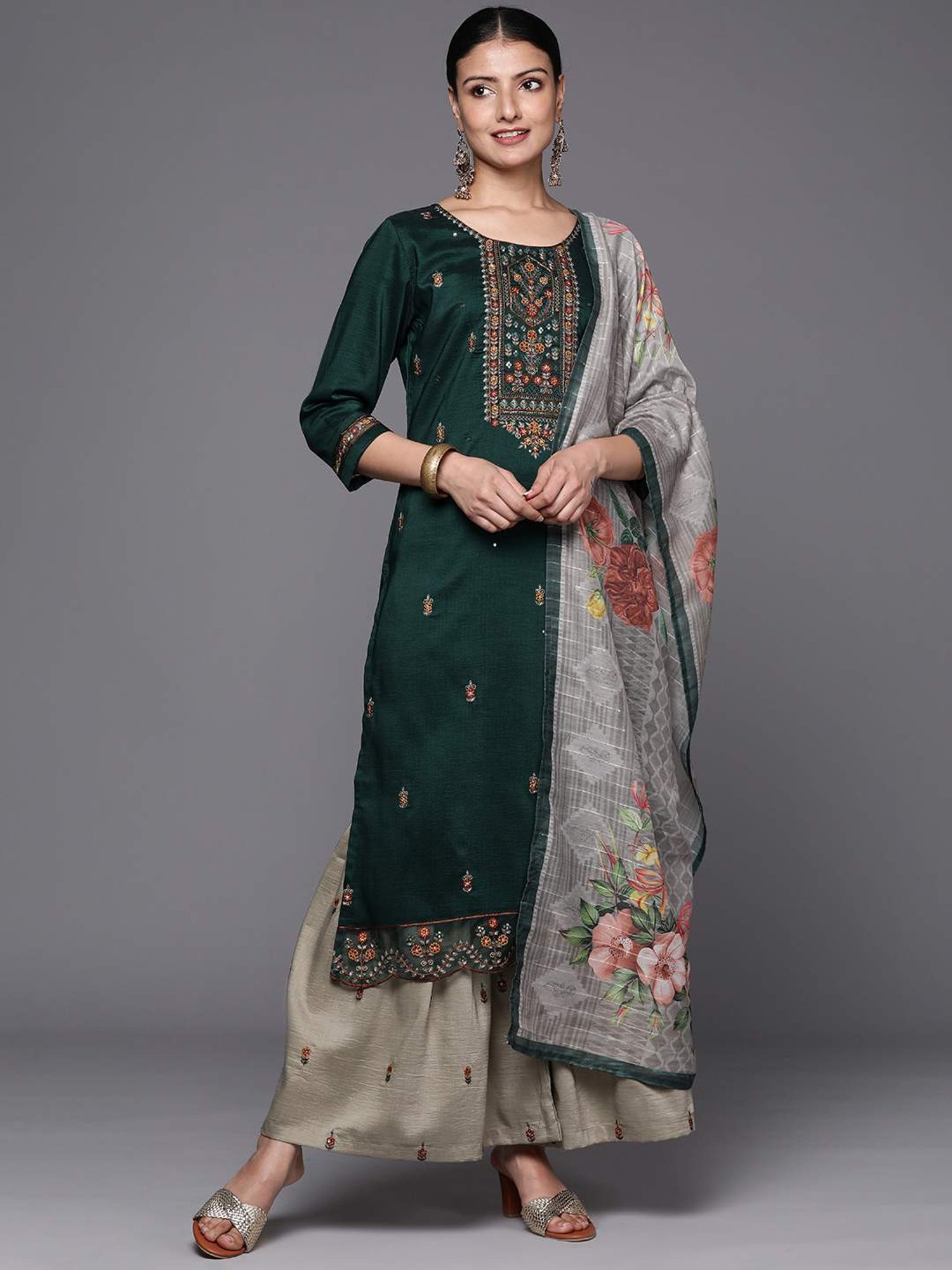 Varanga Green & Grey Embroidered Kurta Palazzo Set With Dupatta