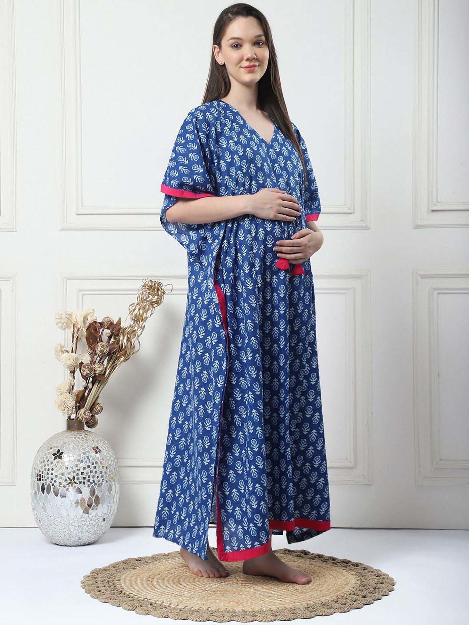 Secret Wish Navy Cotton Printed Straight Kaftan